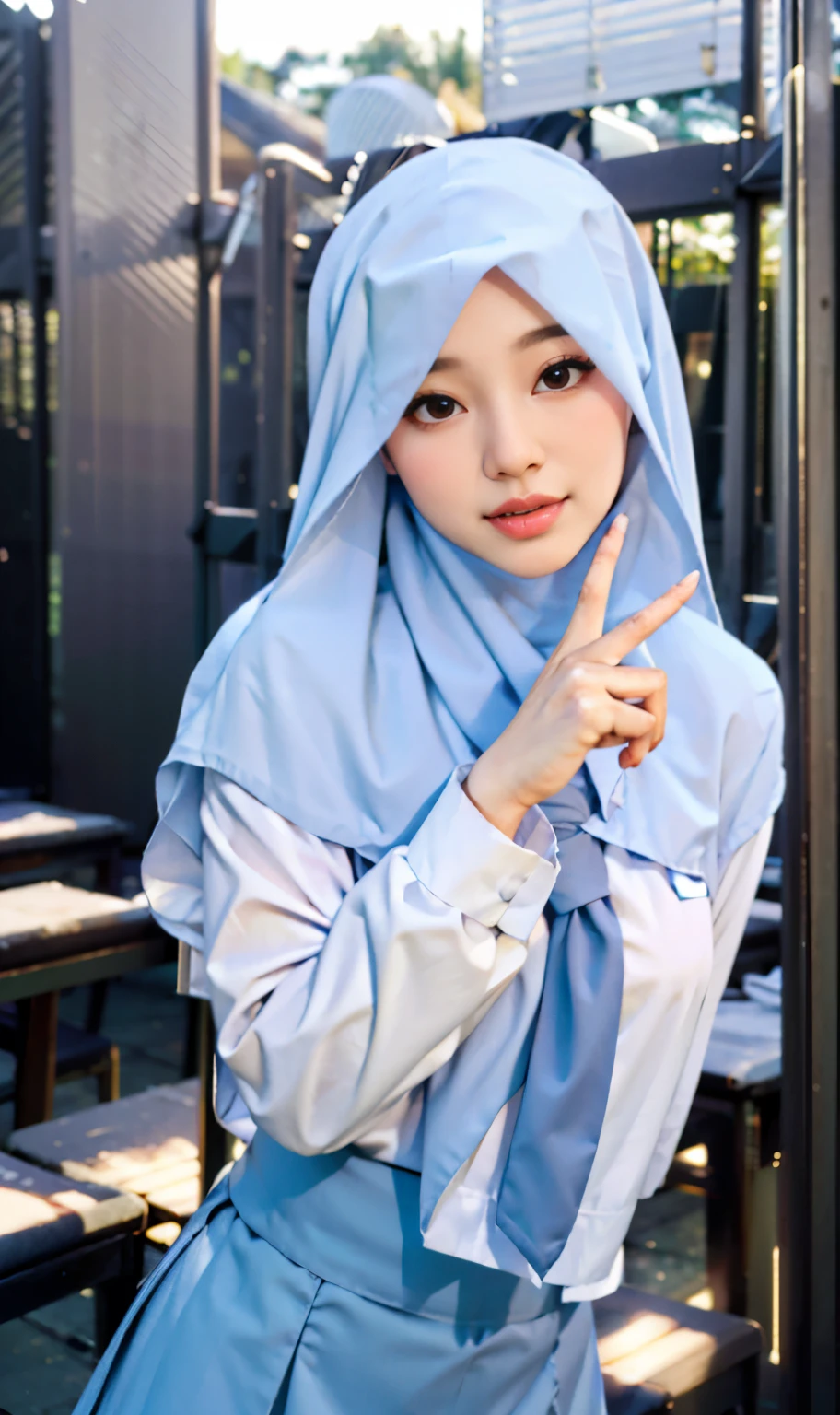 masterpiece, best quality, 8k, 85mm portrait, absurdres, beautiful girl,massive tits, (upper body:1.4), cute, street,white shirt, (school uniform, white shirt, long sleeve,blue grey skirt, plain skirt, grey tie:1.2),(head covered hijab, islamic hijab, white hijab:1.1,silk clothes) shoulder covered,(Indonesia, jakarta:0.7), natural makeup, perspective, depth of field, ultra realistic, highres, photography, sharp focus,,HDR, facelight, dynamic lighting, highest detailed, extreme detailed, ultra detailed, finely detail, real skin, delicate facial features,v sign,finger v,classroom,