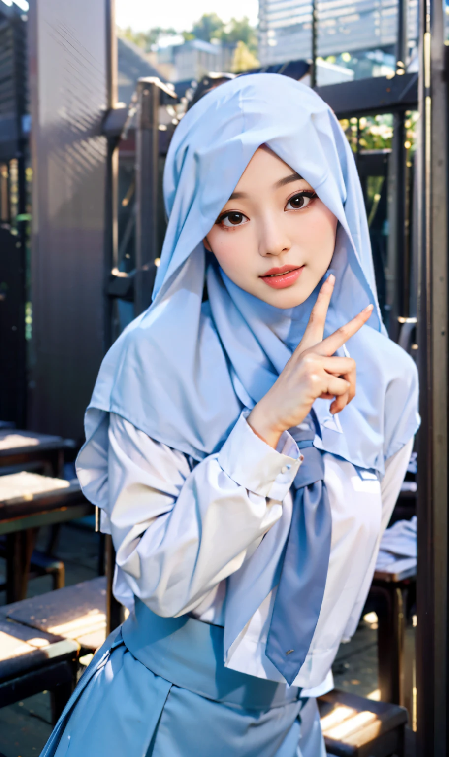 masterpiece, best quality, 8k, 85mm portrait, absurdres, beautiful girl, (upper body:1.4), cute, street,white shirt,massive tits,  (school uniform, white shirt, long sleeve,blue grey skirt, plain skirt, grey tie:1.2),(head covered hijab, islamic hijab, white hijab:1.1,silk clothes) shoulder covered,(Indonesia, jakarta:0.7), natural makeup, perspective, depth of field, ultra realistic, highres, photography, sharp focus,,HDR, facelight, dynamic lighting, highest detailed, extreme detailed, ultra detailed, finely detail, real skin, delicate facial features,v sign,finger v,classroom,