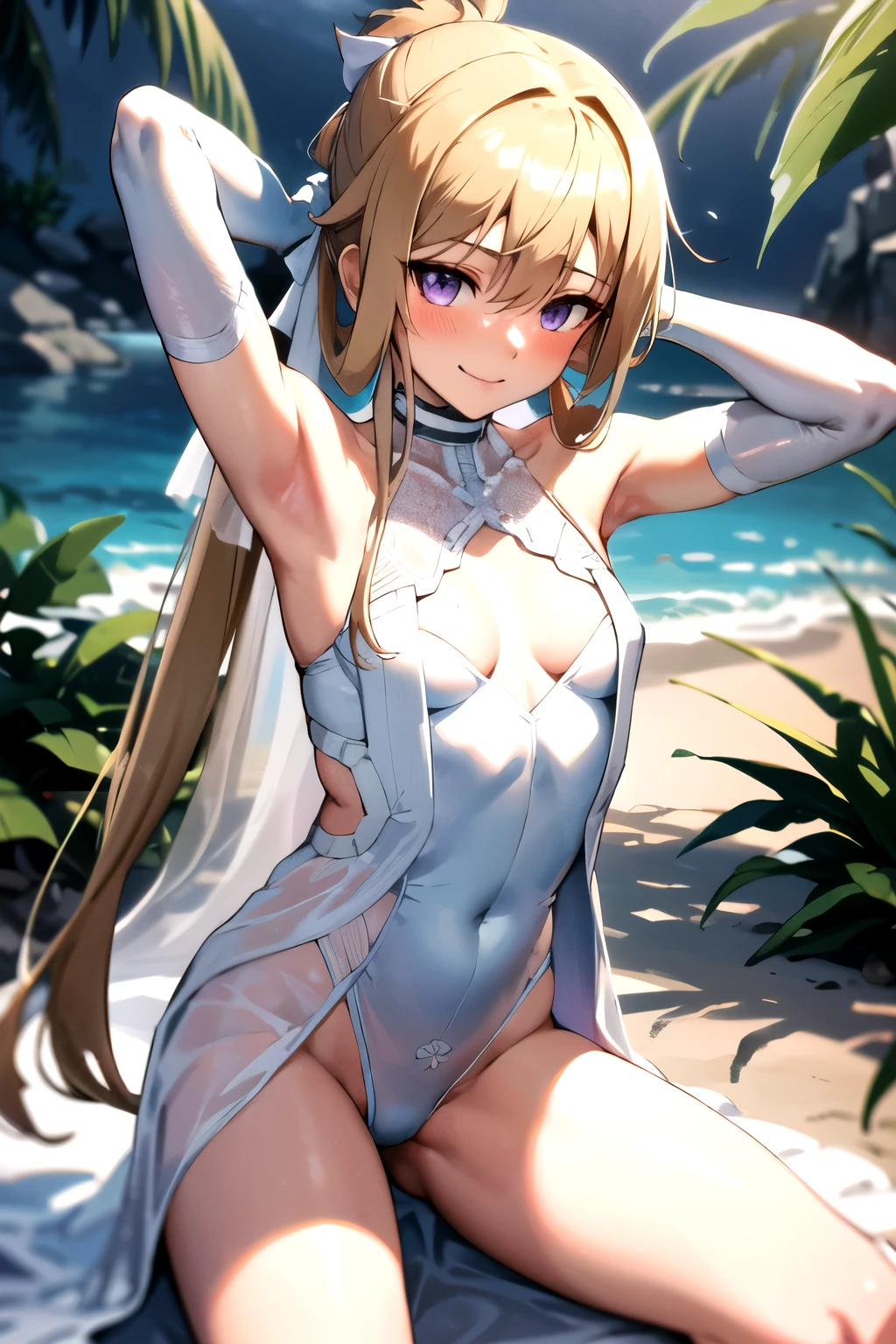 masterpiece, best quality, highres, high_definition, very long hair, a beach, 1girl, solo, a woman in a sexy bridal dress, white glove, sexy pose, blush, little smile, bangs, hair_between_eyes, purple eyes, blond hair, ponytail, medium_breasts, sexy lingerie, seductive pose, sexy pose, very long hair, bridal veil, arm behind head, 