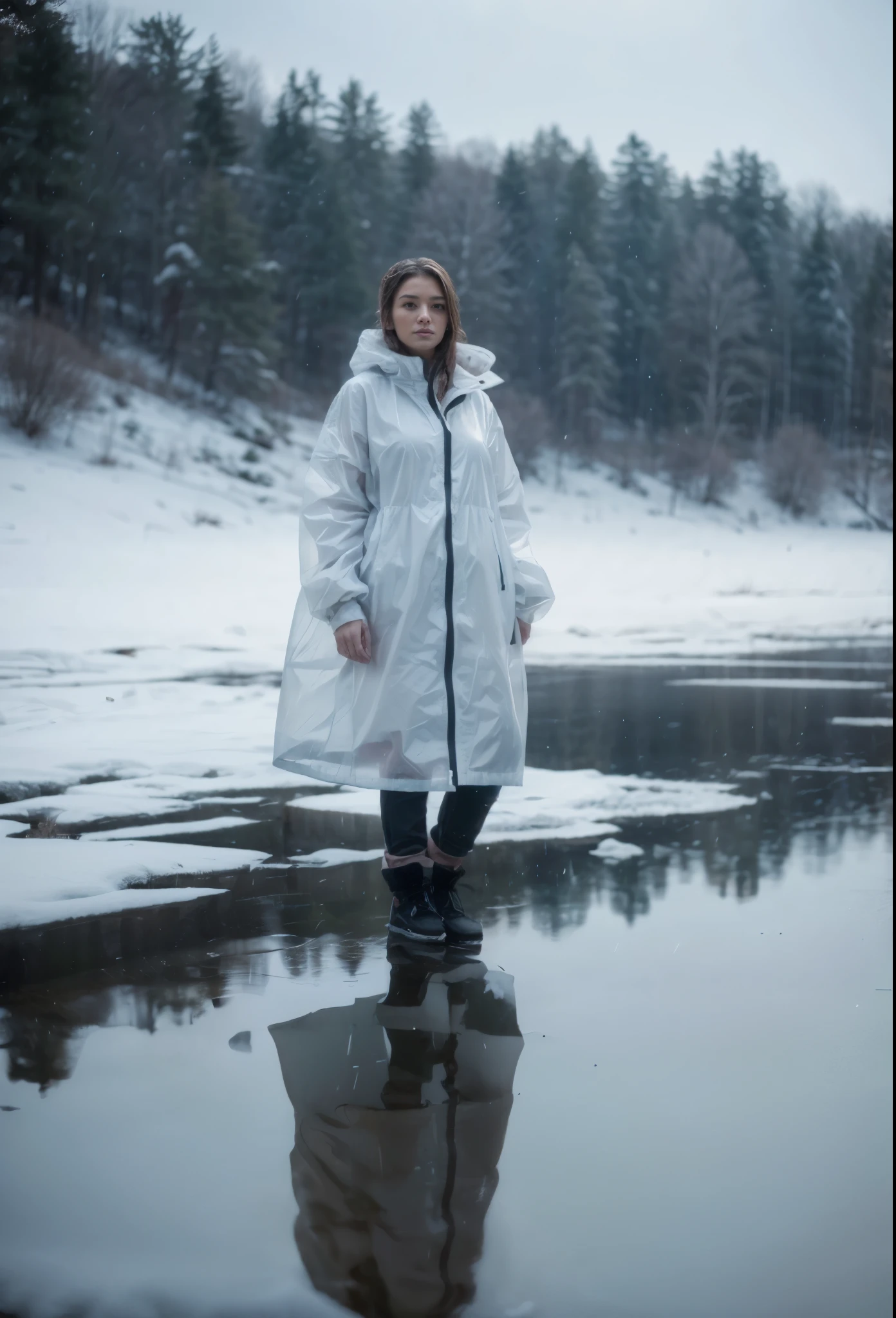 a scenery of outdoor nature after the snow, pine tree forest, frozen lake, a silhouette of a white mountain, a beautiful girl wear her clear plastic raincoat without any other clothing underneath walking in snow,