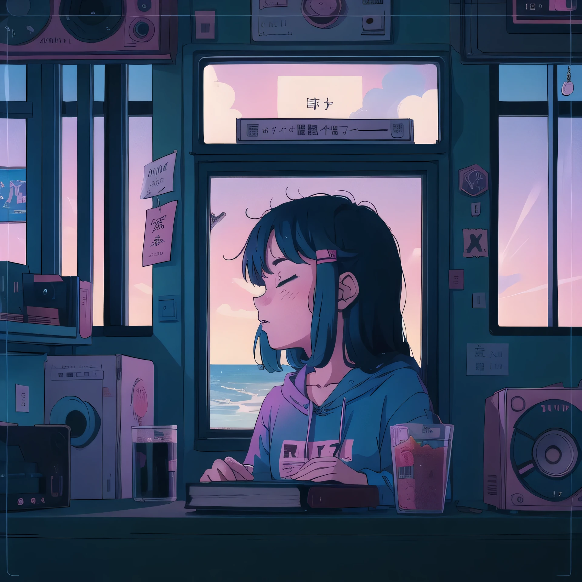 Pretty Anime Girl Lofi Alone, sentado en una mesa con auriculares, puesta del sol, , un libro, Chica Lofi, Arte Lofi, Null Art Style, Lofi Sensation, Retrato de Lofi, Colores Lofi, nulo, Arte lo-fi, Vibraciones Lofi , Ambiente Lofi, Lofi hip hop, Satoshi Could Have an Art Style, Lofi Girl Aesthetics