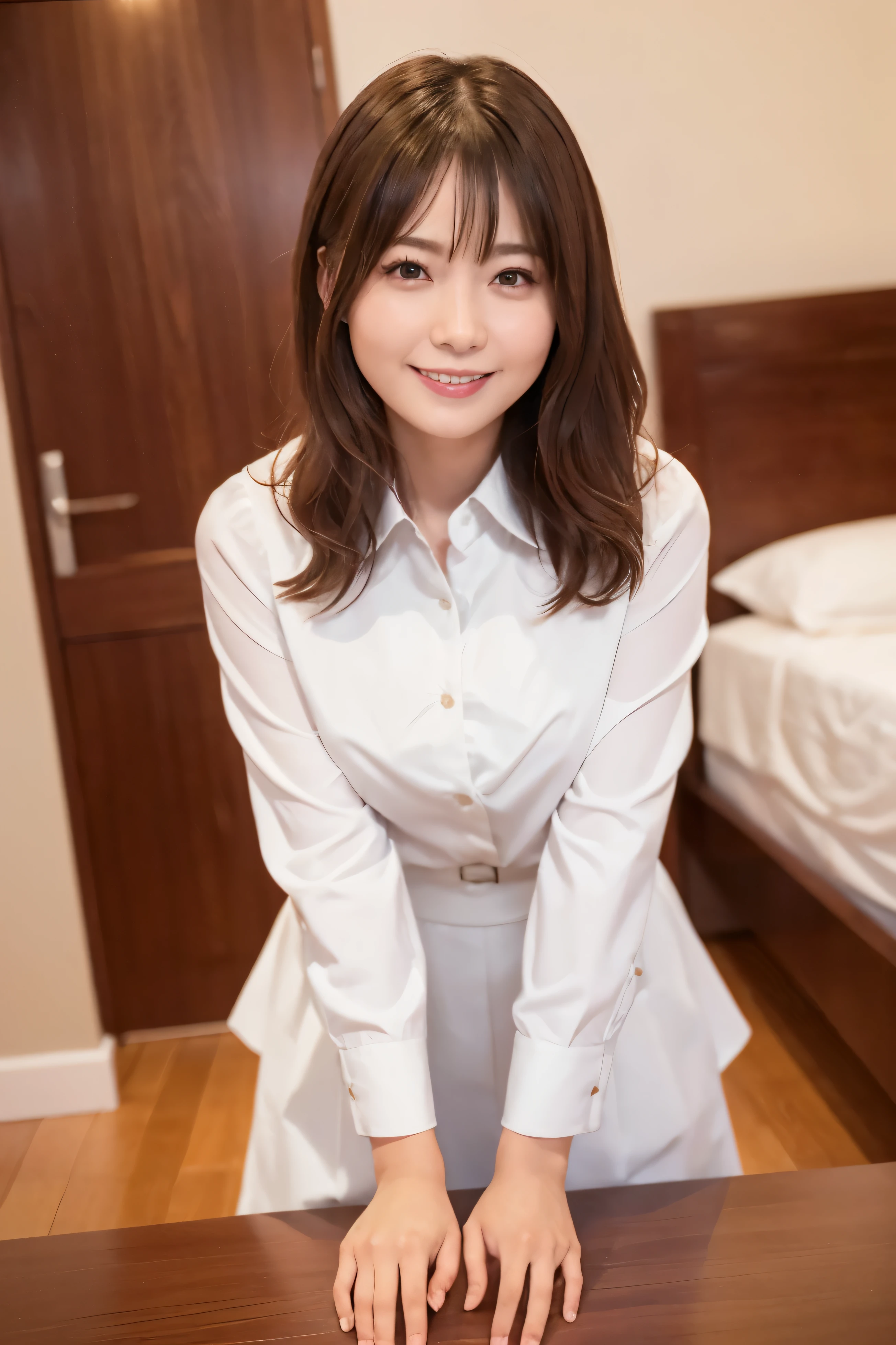 ((best image quality、8K、masterpiece:1.3))、whole body,beautiful feet,Realistic high quality photos、highest quality、pretty girl~well-groomed face、40 talents、OL、suit、smile、long hair,secretary,big breasts,Raccoon face,mouth gloss,glossy mouth,blouse,skirt