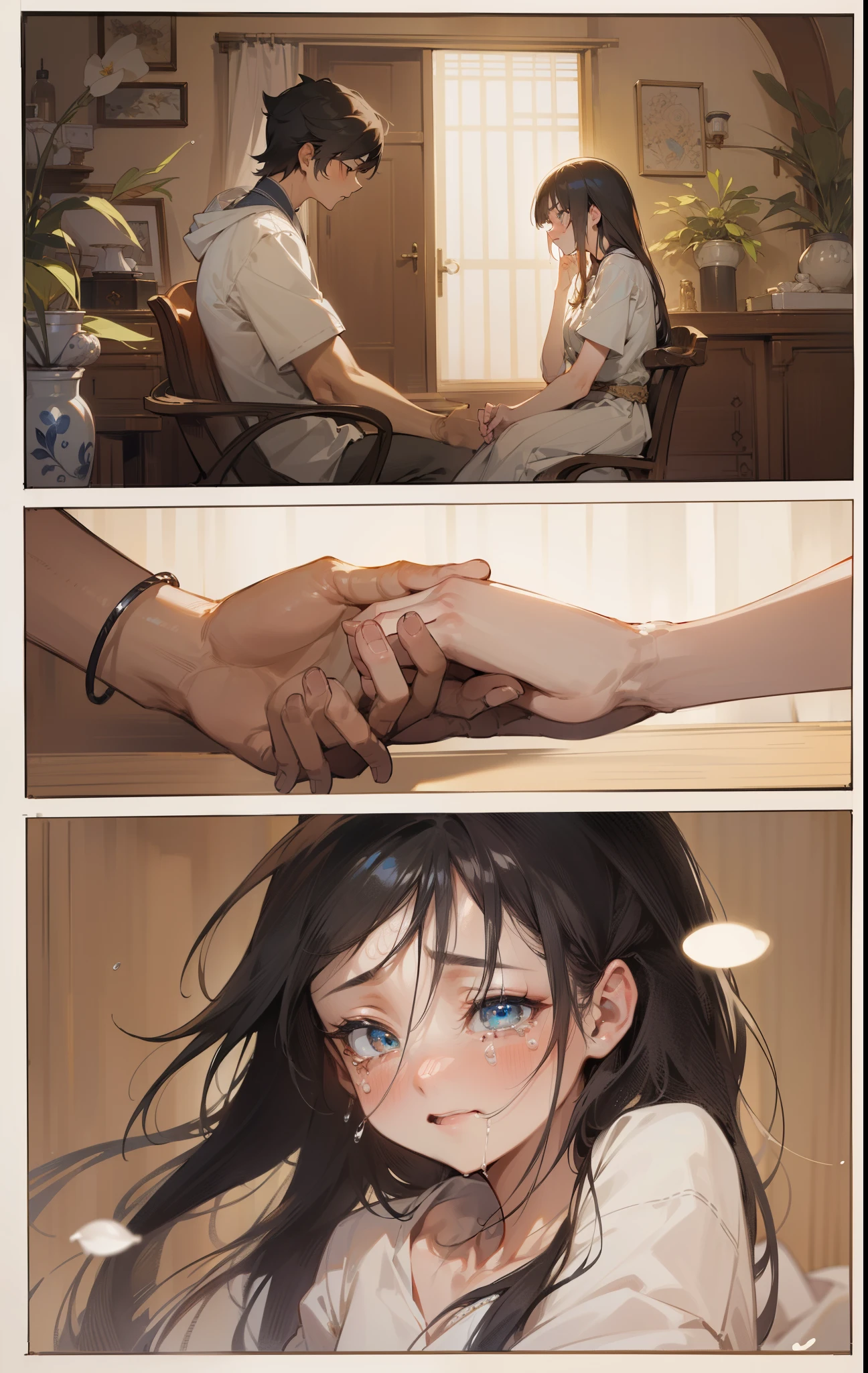(masterpiece, best quality), intricate details, 8k, sharp focus, (best quality) (delicate skin:1.3) (intricate details) (8k) (exquisite eyes) (japanese manga) , modern room background, A boy and a girl hold hands，Detailed and complete hand structure，hand skin white，A crying girl，tears，2D cartoon