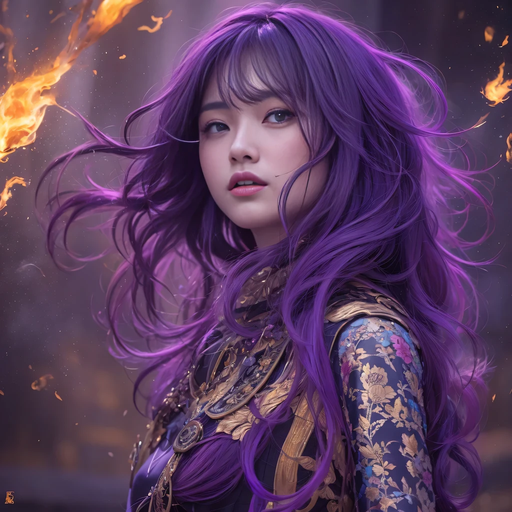 32k（masterpiece，HD，超HD，32k）Bright purple long flowing hair，autumn pond，Ziddink， a color， Asian （Silly girl）， （silk scarf）， fighting stance， looking at the ground， long white hair， Floating bright purple， Fire cloud gold headdress， Chinese long-sleeved gold silk garment， （Abstract ink splash：1.2）， Black smoke background，Lotus protector（realistically：1.4），Bright purple hair，Smoke on the road，The background is very pure， high resolution， detail， RAW photos， Sharp Re， Nikon D850 film photo by Jefferies Lee 4 Kodak Portra 400 camera F1.6 guns, colorful, Ultra-realistic and vivid textures, dramatic lighting, Unreal Engine Art Station Trend, Sinest 800，Bright purple long flowing hair