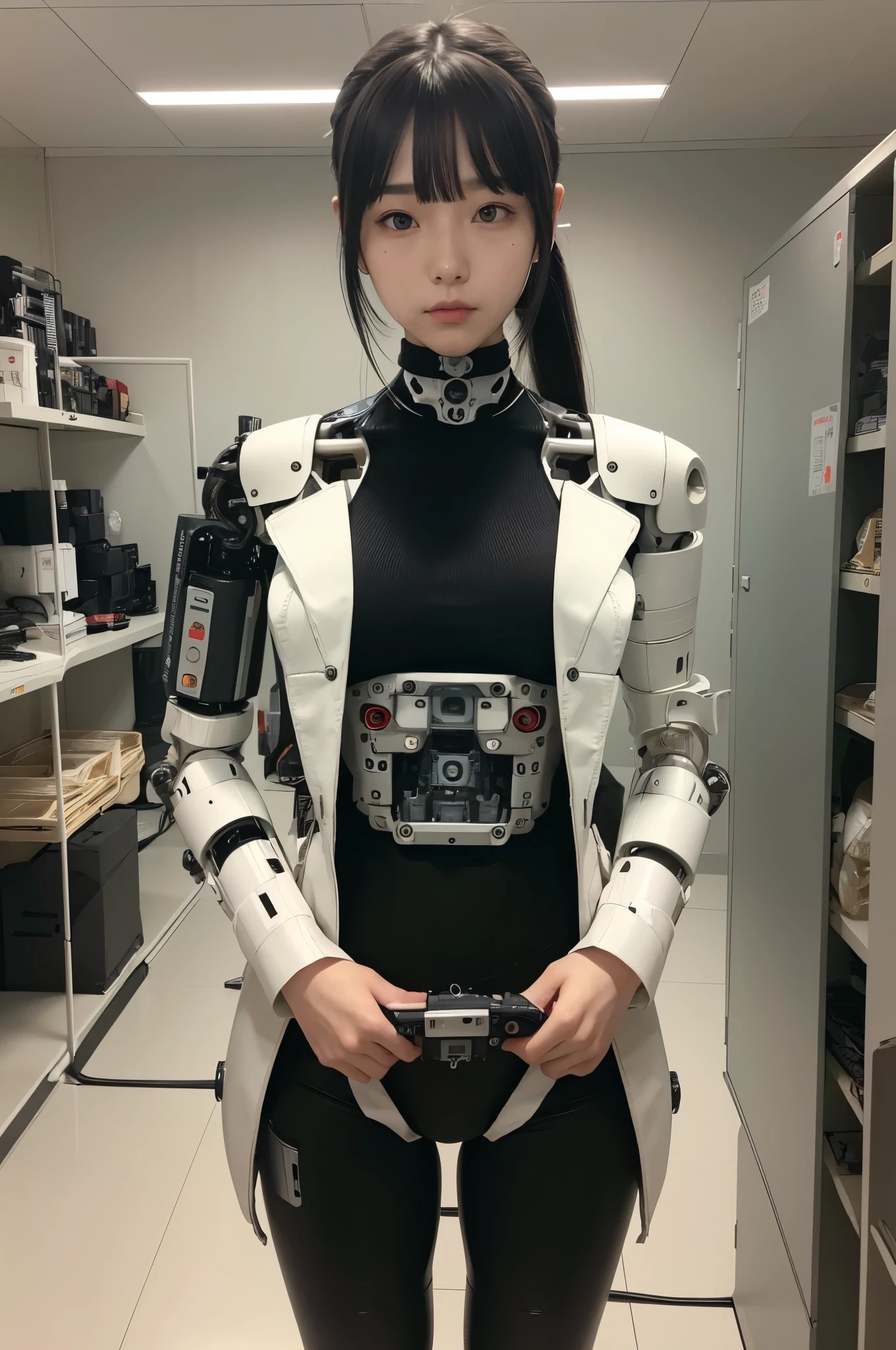 masterpiece, best quality, extremely detailed, Japaese Cyborg girl,Plump , control panels,android,Droid,Mechanical Hand, Robot arms and legs, Black Robot Parts,Black hair,Mechanical body,Blunt bangs,White robotics parts,perfect robot girl,long tube,thick cable connected her neck,ceramic body ,mechanical body, head antenna,short lod antenna on the head,mechanical ear cover, mechanical costume,android,robot,humanoid,cyborg,japanese android woman ,black leggings,mechanical chest,full eyes,future laboratory,connecting a cable between the legs,