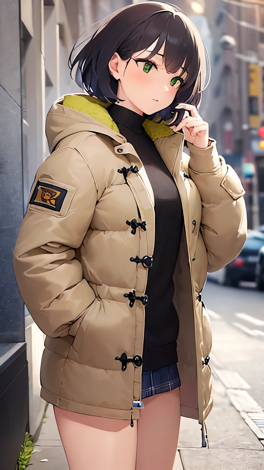 Falling, side angle, (looking away:1.5), full body, Realistic, real person, RAW photo, photorealistic, portrait photography, shiny skin, japanese idol、(前髪がある20歳の女性), (green eyes:1.5) and (brown hair) and (bob cut) and (wavy hair), 、(beige Down Jacket:1.5)、黒いタートルネックセーター、surprised, (blush:1.3), 一人きり、背景は外、雪