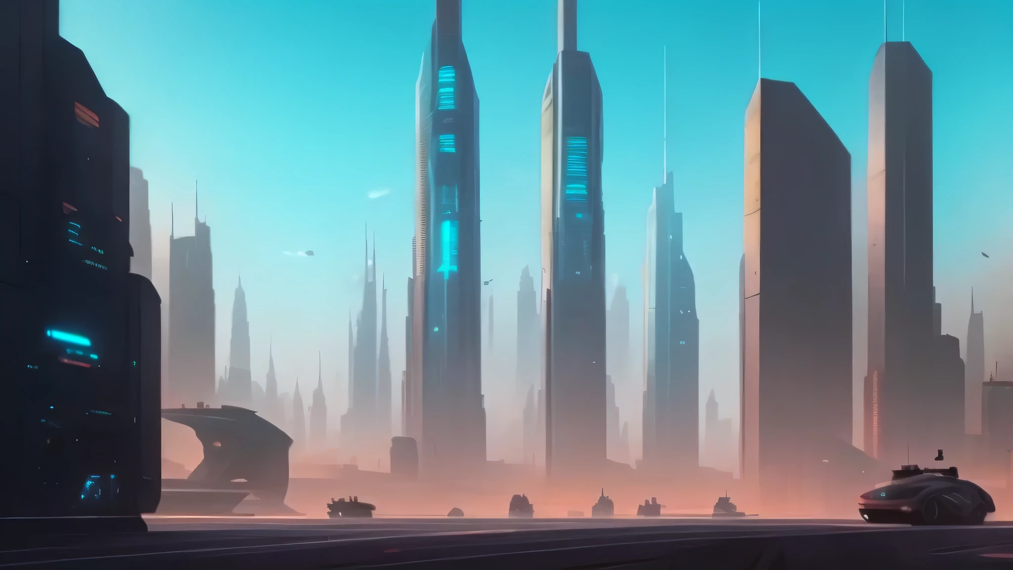 futuristic city with futuristic skyscrapers, syd mead and raphael lacoste, digital concept art of dystopian, epic cinematic concept art, depicted as a scifi scene, by Christopher Balaskas, cinematic concept art, james gurney and andreas rocha, paul lehr and beeple, stunning sci-fi concept art, futuristic concept art