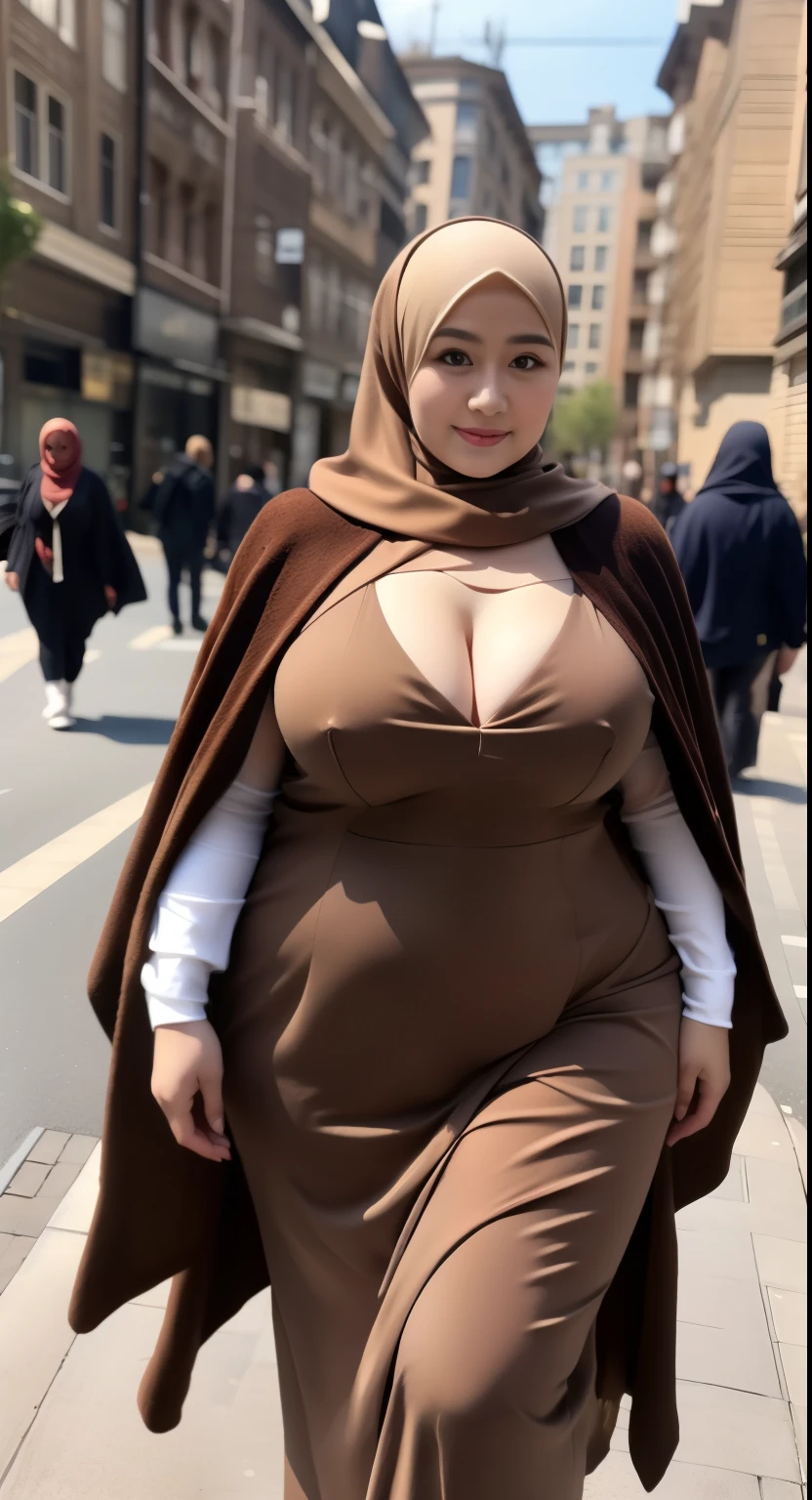 woman in brown dress and hijab walking down the street, wearing brown clothes and cape, hijab outfit, with a long brown cape, hijab fashion model, plus size, plus size woman, wearing brown robe, woman in brown robes, beautiful burqa's woman, thicc, brown outfit,, wearing a brown robe, brown , with cape, bbwchan, large cleavage, very large cleavage, massive cleavage , wearing a sneakers, 35 years old woman, asian women 