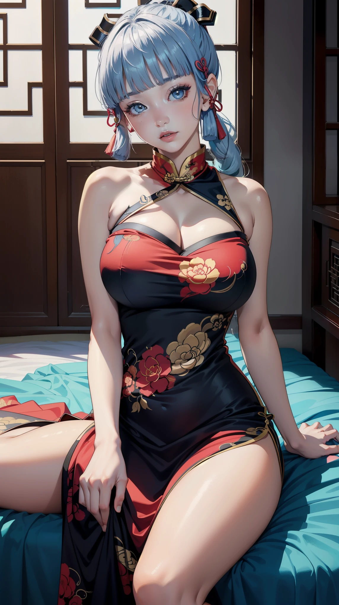 (masterpiece, top quality, best quality, official art, beautiful and aesthetic:1.2), (beautiful face),
extremely detailed,colorful,highest detailed, (sitting on bed), bright eyes, (huge breast), (chinese dress:1.5), ((kamisatoayakarnd)),