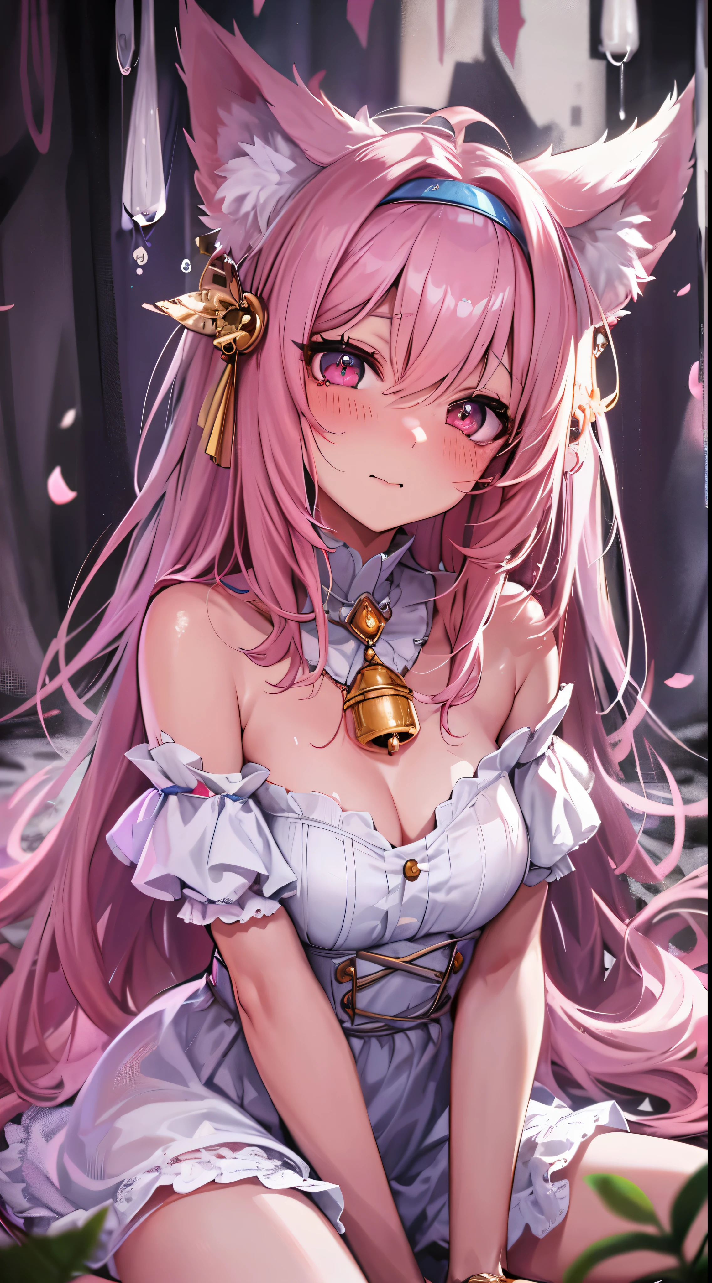 hairy, Pink fur, Off-the-shoulder white translucent morning dress, sit on the grass, Cherry blossom forest background, gold slit pupil, blushing:1, hair between eyes, pink hair, gradient hair, hair past shoulders, wet hair, shiny hair, bell, trumpet, forehead gem, lolitahairband, eye reflex, shed tears, slit pupil, fox ears, wolf ears, Awkward, blush, saliva, full blush, panicked, despair, full-face blush, realism, 超realism, Ray tracing, reflected light, backlight, Fuji color, Bokeh, ultra high definition, retina, anatomically correct, Super details, best quality, high resolution