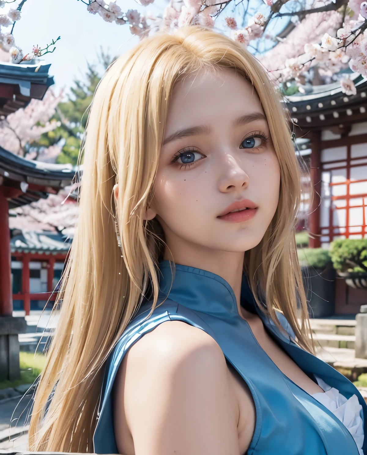 1girl, (Blue Eyes), smiling, (Sana Minatozaki), wide hips, Big , big ass, (Best Quality, 8k, Masterpiece: 1.3), Clear Focus: 1.2, Perfect Body Beauty: 1.4, strong abs :1.2, Highly detailed face and skin texture, detailed eyes, double eyelids, (blonde long hair :1.3), (blue dress, posing for a photo, Close-up portrait, in a Japanese temple with sakura trees
