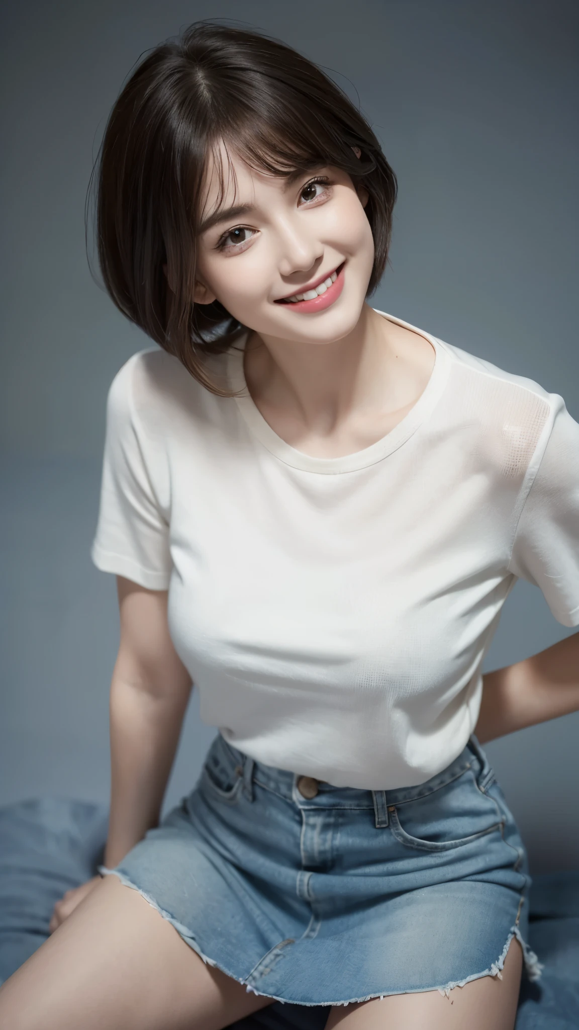 Best Quality, Very High Resolution, (Realistic:1.4), (Fine Duplicate:1.4), facial details, fine eyes, Casual, Skirts, Full Length, Buzz cut, 1girl, smile, Shaggy hair, from above,