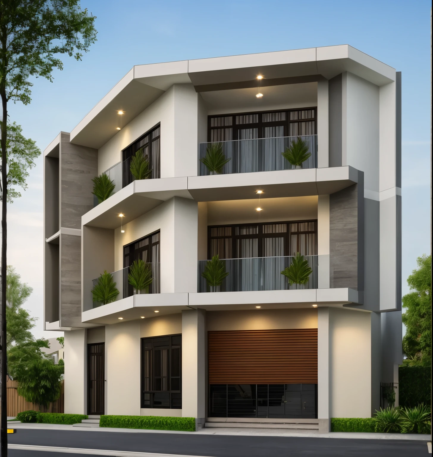 Exterior of house, (style Việt Nam:1.3), Mable decorations, (a road in front of house:1.3), tree, sky, cloud, morning weather.