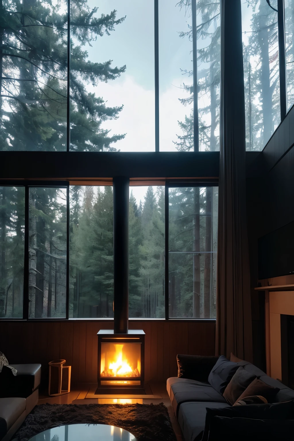Alafit living room with large sofa and fireplace, Large windows with views of the forest at night, Dark and modern, Modern house in the woods, cozy place, Comfortable and atmospheric, Floor-to-ceiling windows, dark interior, comfortable environment, comfortable environment, Comfortable and peaceful atmosphere, mood lighting, cozy atmosphere, unreal engine realistic render, The tall windows lit up