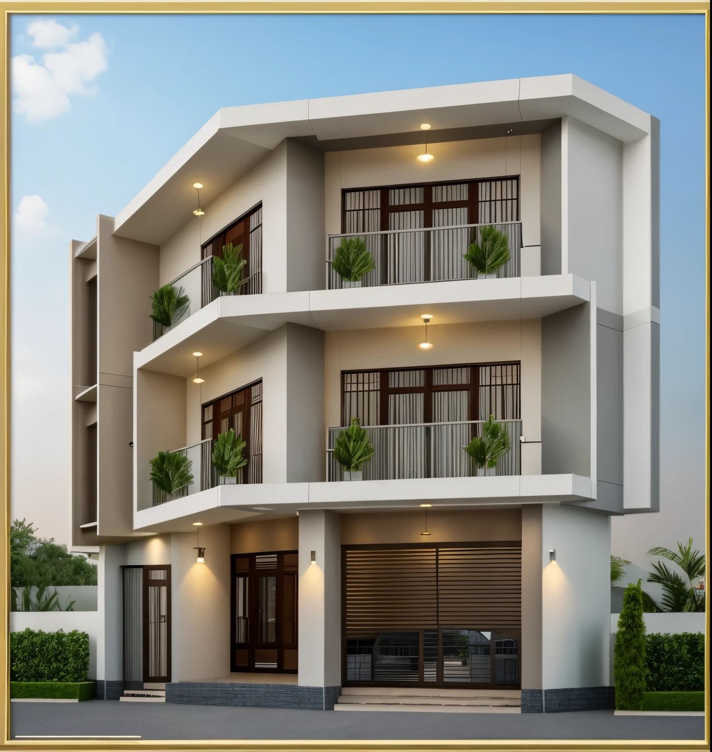 Exterior of house, (style Việt Nam:1.3), Mable decorations, (a road in front of house:1.3), tree, sky, cloud, morning weather.