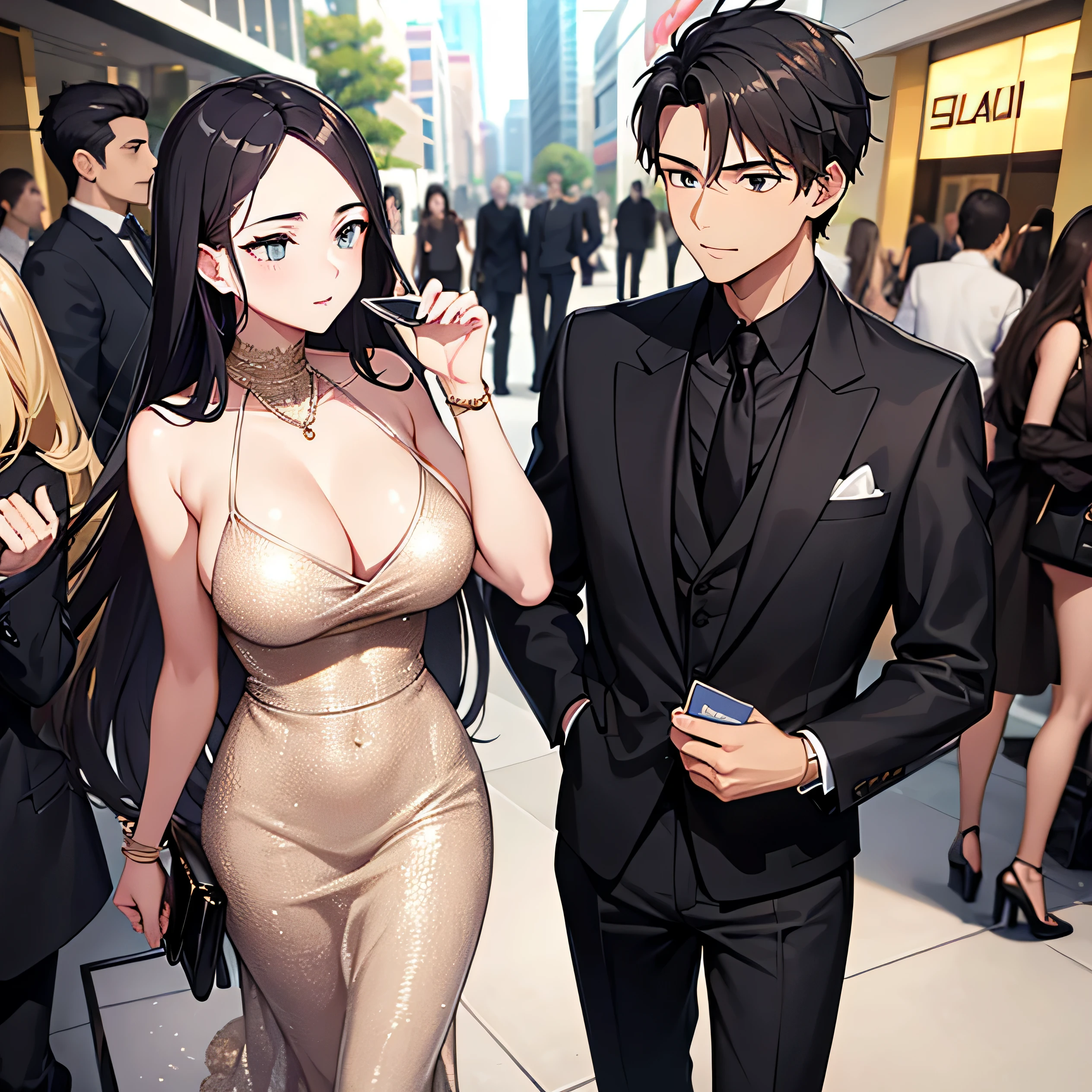 The son of a rich man, holding a black card in his hand, wearing gold and luxurious clothes, there are 2 beautiful and sexy girls beside him, the background is a mall.