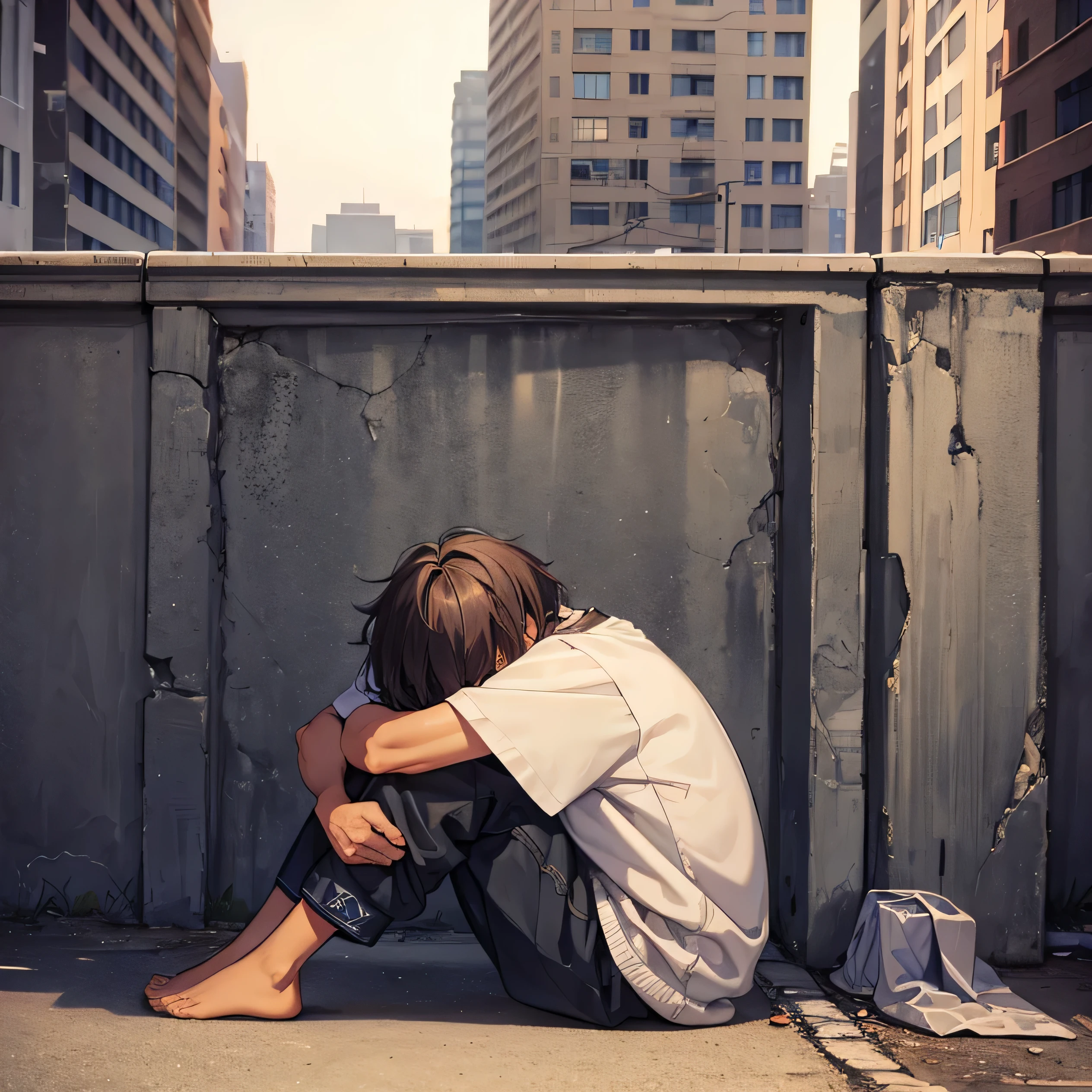very poor homeless, living under a bridge, city background, his hair is messy and short, he is handsome, sitting hugging his knees, his clothes are torn, best quality, best details