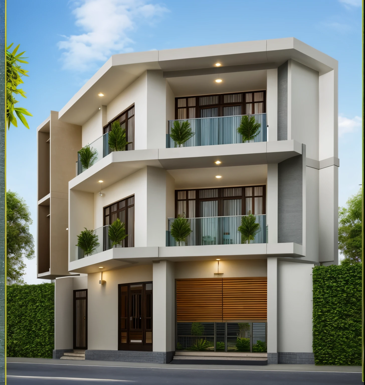 Exterior of house, (style Việt Nam:1.3), Mable decorations, (a road in front of house:1.3), tree, sky, cloud, morning weather.