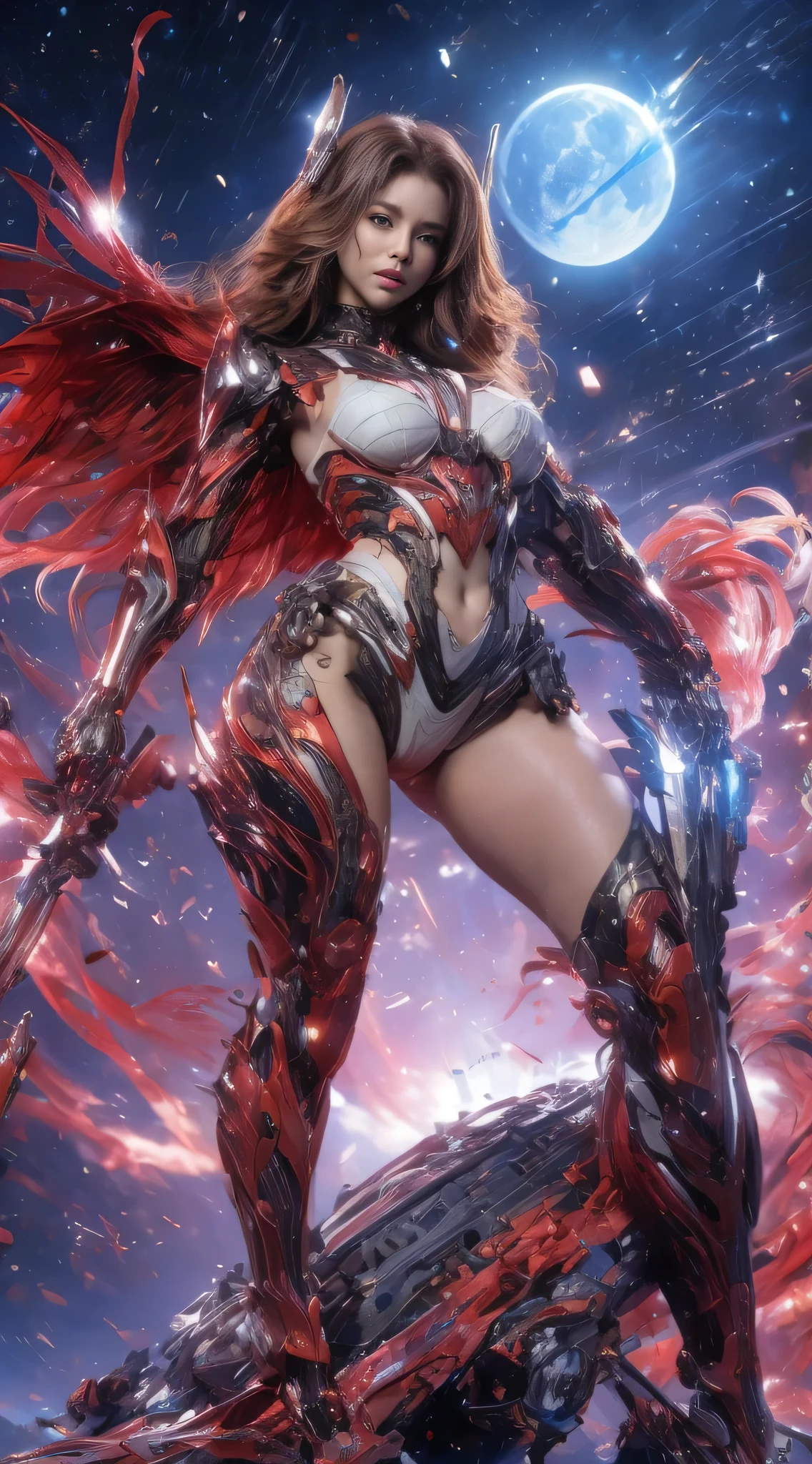 High resolution, super detailed, realistic, vivid colors, bokeh, studio lighting, (Photorealistic stick: 1.2), sharp focus, 1girl, (accurate anatomy body and hands: 1.3), (4 fingers and 1 thumb: 1.4), female cyborg warrior with a desperate look, wide eyes, fighting in space, flying wings on her back, red mech suit, tight body suit, long curly hair, brown hair, messy hair , beautiful face, detailed and perfect face, perfect proportions, big breasts, thin waist, navel, big buttocks, crotch gap, thick thighs, mechanical joints and wing radiation, quiet and dignified, (dynamic pose, pose Changing dynamic angle: 1.3), space, twinkling stars, laser beams, explosions, full moon, depth field: 1.3, blur, gust of wind, blast, large spaceship, tension,