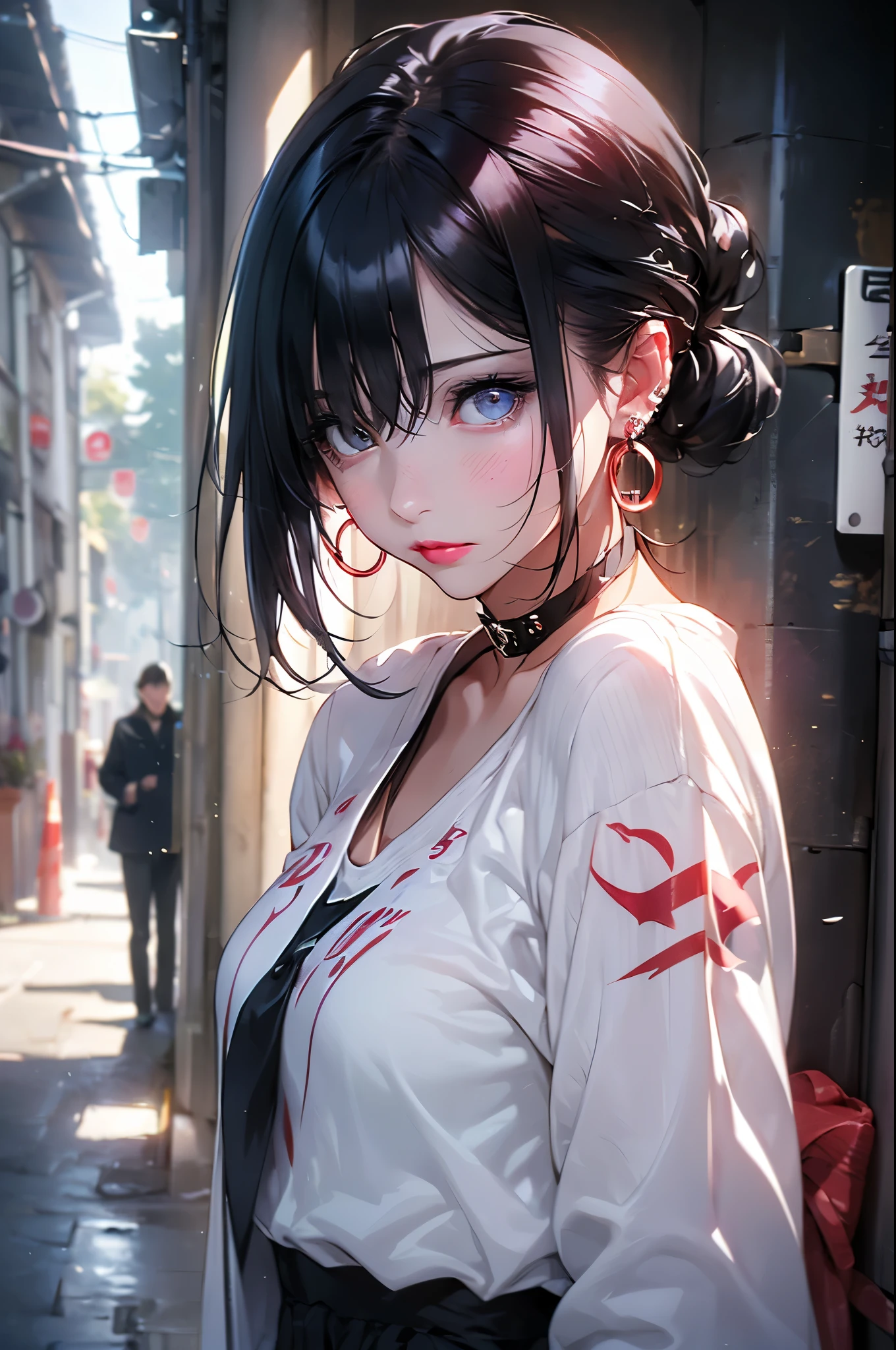 hair above one eye, red eyes, clear eyes, choker, Neon Shirt, torn legwear, open jacket, towards the wall, brick wall, graffiti, shineing grafiti, shineing tattoos, shine, neon light, Black light,anime style, movieポートレート写真, 1 female, 22 years ago, Full body Esbian,Blue eyes background, big and full breasts, anger, (scarlet colored hair), long hair, purple eyes, wearing a short black dress, (natural skin texture vivid details, surreal, (realistic detailed eyes, natural skin texture, realistic facial details), soft and dramatic lighting, Depth of written boundary, Bokeh, vivid details, surreal, 35mm movie, hazy blur, movie,lipstick, ear piercing, eye shadow, hoop earrings, Red-pink lips, 多色のred eyes, purple theme,Wear an iridescent aura,beautiful eyes,stand in front of the red gate、shrine,Jingumae,bold pose、decide on a pose,upper ponytail,Hanging bangs