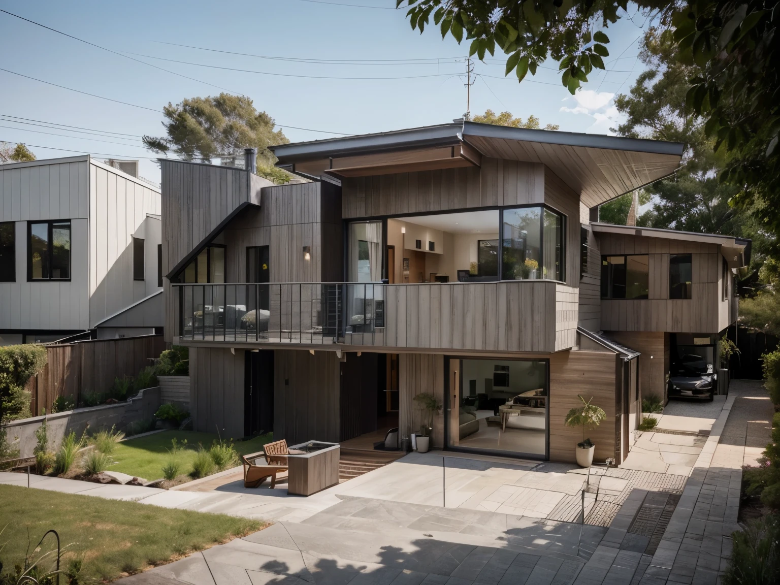 
color photo of a modern and minimalist grey-colored Midcentury home. The house exudes an elegant and sophisticated vibe with its sleek lines, clean design, and neutral color palette. The exterior of the home is painted in a beautiful shade of grey, which perfectly complements the surrounding landscape. Large windows allow an abundance of natural light to flood the interior, creating a bright and airy atmosphere. The architectural details, such as the flat roof, angular shapes, and minimalistic landscaping, add to the overall contemporary aesthetic of the house. This grey Midcentury home stands as a timeless masterpiece, blending seamlessly with its surroundings.