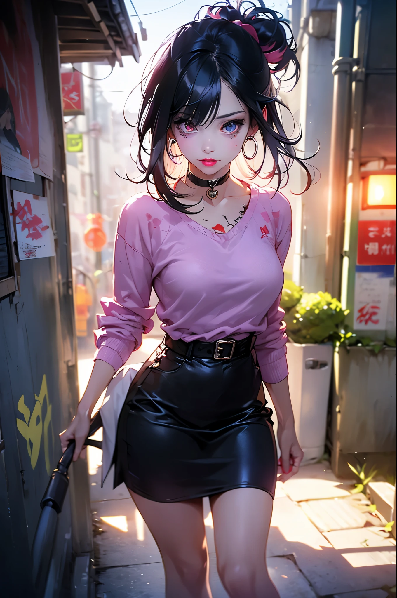 hair above one eye, red eyes, clear eyes, choker, Neon Shirt, torn legwear, open jacket, towards the wall, brick wall, graffiti, shineing grafiti, shineing tattoos, shine, neon light, Black light,anime style, movieポートレート写真, 1 female, 22 years ago, Full body Esbian,Blue eyes background, big and full breasts, anger, (scarlet colored hair), long hair, purple eyes, wearing a short black dress, (natural skin texture vivid details, surreal, (realistic detailed eyes, natural skin texture, realistic facial details), soft and dramatic lighting, Depth of written boundary, Bokeh, vivid details, surreal, 35mm movie, hazy blur, movie,lipstick, ear piercing, eye shadow, hoop earrings, Red-pink lips, 多色のred eyes, purple theme,Wear an iridescent aura,beautiful eyes,stand in front of the red gate、shrine,Jingumae,bold pose、decide on a pose,upper ponytail,Hanging bangs