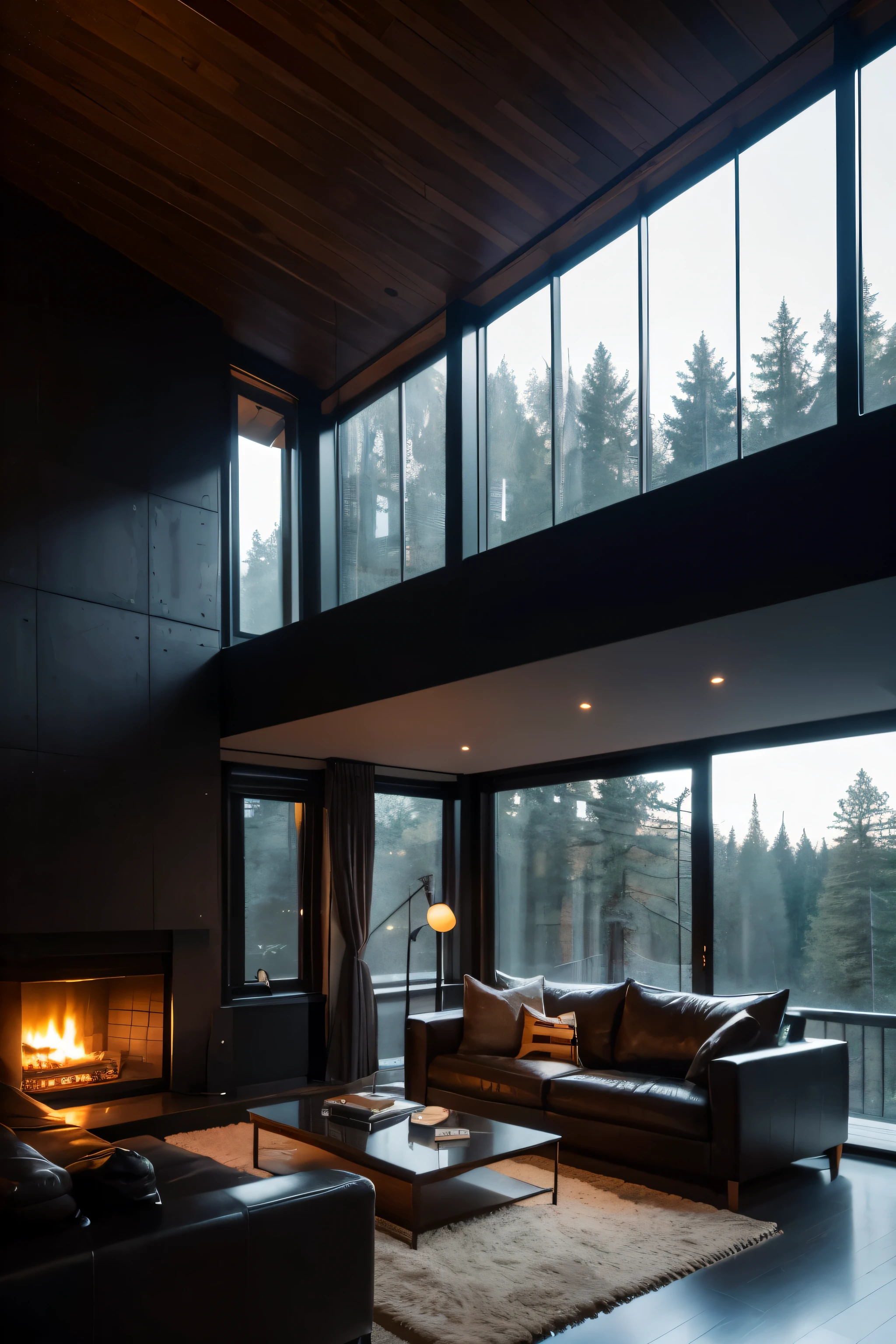Arafat living room with large sofa and fireplace, Large windows offer night views of the forest, Dark and modern, Modern house in the woods, cozy place, Comfortable and atmospheric, Floor-to-ceiling windows, dark interior, comfortable environment, comfortable environment, Comfortable and peaceful atmosphere, mood lighting, cozy atmosphere, unreal engine realistic render, The tall windows lit up