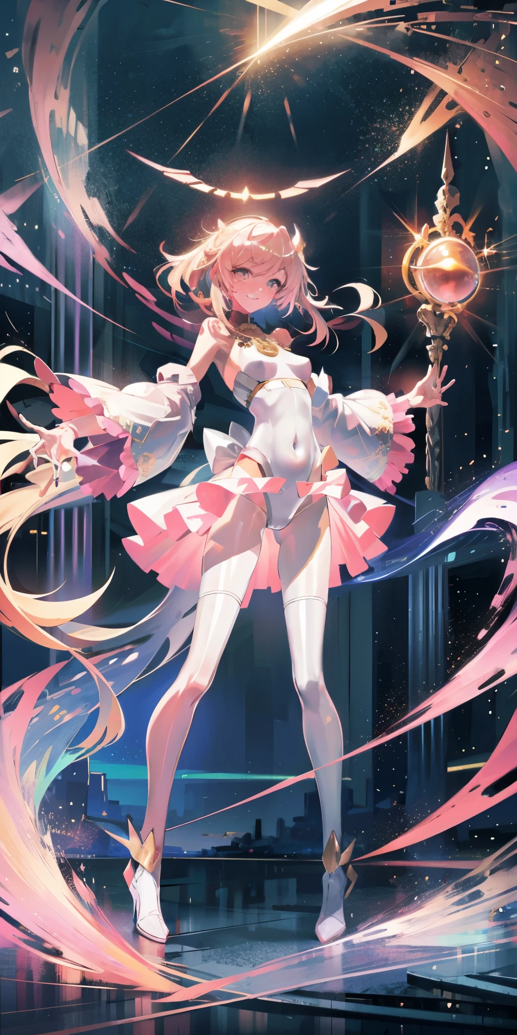 fantasy, magic, one person, woman, long hair, gradient hair, white to pink, starry night, night sky, Princess, gold accents in hair, gold accents on dress, face camera, semi - realism, whole body, Colored eyelashes, golden eyes, shimmer in eyes, Smile, looking at the audience， shining，small breasts，open navel，Bare thighs，camel toe，whole body