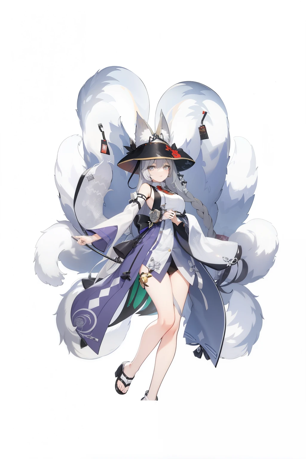 white nine tailed fox tail, fox ears, black hat, 연한 보라색 Maiden복, Gray-haired, Grey eyes, long hair, anime girl, Maiden, Eastern, Azur Lane style