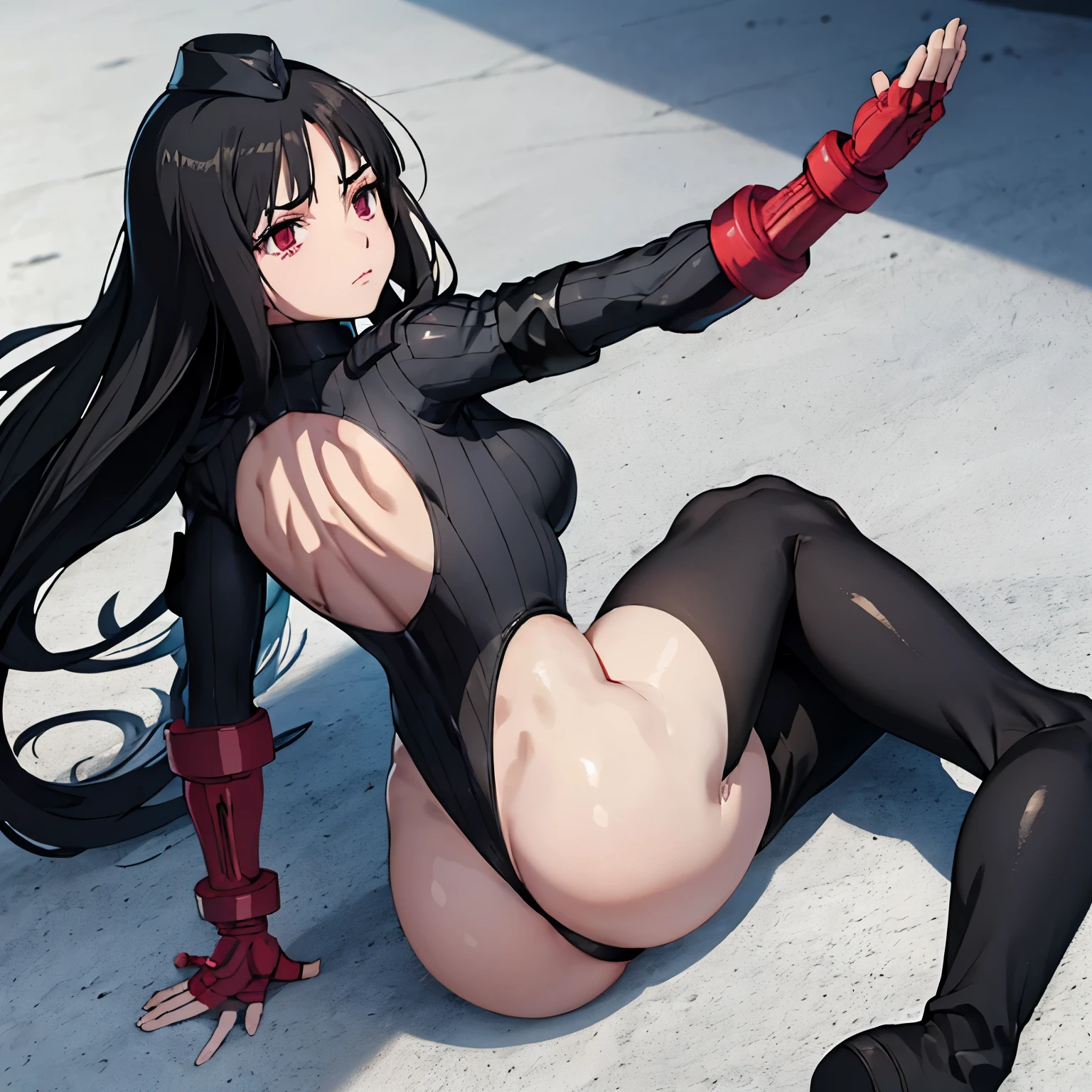 ultra-detailed, Explicit, Beautiful body, Beautiful Nose, Beautiful character design, perfect eyes, perfect face, ultra highres, 4K, beautiful legs, perfect legs, Nice hands, Perfect hand, Masterpiece, Best Quality, Highly detailed, illustration, absurdres, perfect anatomy, street fighter, doll suit, shadaloo doll, dollsuit, expressionless, blank eyes, looking at viewer, red gloves, emotionless, black latex, corruption, mind control, female combatant, full body, hypnotized, unhappy trance, full body suit, ribbed bodysuit, both arms at side, obey, perfect female body, extremely glossy latex, hypnosis, hypnoLora, empty eyes, Blank eyes, Mind control device, poses, submissive_pose, Slave, lying down straight, lying down, lying down at attention, hat, necktie, belt, latex, ribbed bodysuit, thighhighs, garter belt, Fighting Stance, extending the right arm from the shoulder into the air with a straightened hand, military, thigh boots, 1girl, hair ornaments, black hair, long hair, red eyes, (((pixel-perfect, detail-perfect))), solo, 1girl, aya asagiri, mahoushoujosite, bangs, from back, view from back, looking from back, ass