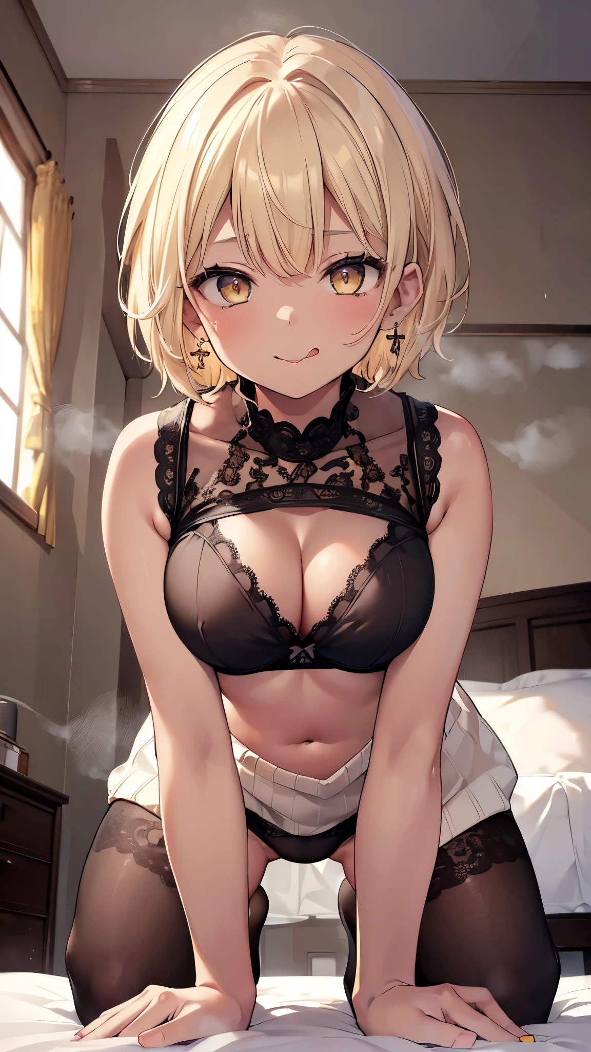 (8K、best image quality、highest quality、masterpiece)、detailed face、1 girl、((brown skin:1.2))、blonde、short hair、yellow eyes、earrings、evil smile、((stick out tongue))、((Steam))、big breasts、((white sleeveless sweater))、((lift))、((black lace bra))、crawl on all fours、Take from below、Bedroom background on bed、((nsfw))