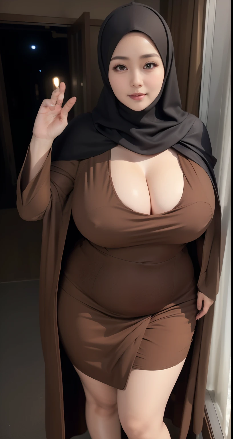 woman in brown dress and hijab random pose in the dark rooms, wearing brown clothes and cape, hijab outfit, with a long brown cape, hijab fashion model, plus size, plus size woman, wearing brown robe, woman in brown robes, beautiful burqa's woman, thicc, brown outfit,, wearing a brown robe, brown , with cape, bbwchan, large cleavage, very large cleavage, massive cleavage , wearing a sneakers, 35 years old woman, asian women, low light, 4k, high resolution, 8k resolution, perfect vibes , cold atmosphere