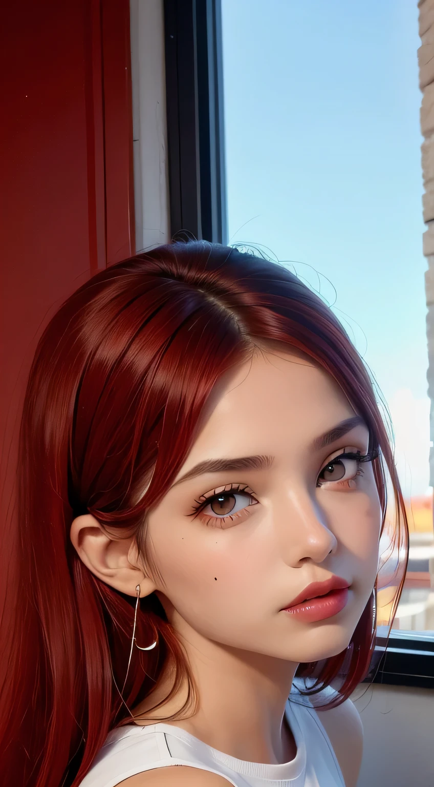 Femenino((25 years)), cabello((rojo, largo, ondulado)), ((grande eyes, ojos azules)), camisas blancas, pantalones cortos, Accesorios ((pendientes, cabellopin, choques)), pecho gigantesco, grande , sonriente, Boca abierta, dormitorio, luz desde la ventana, Caderas anchas, rojo lips, grande botox
