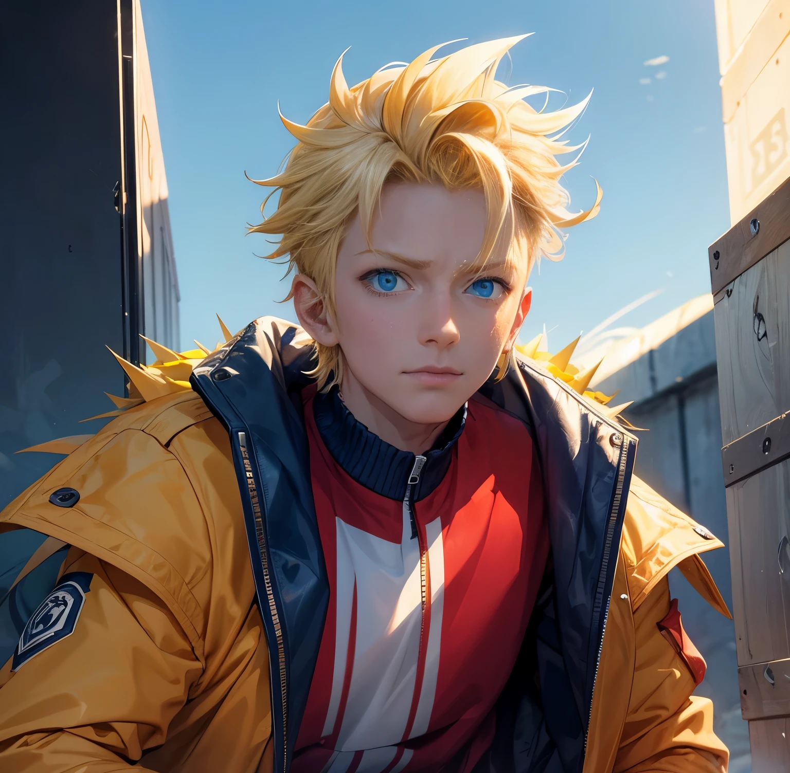 30 Years Old, a man, (yellow spiky upward hair), (blue eyes) red jacket white shirt