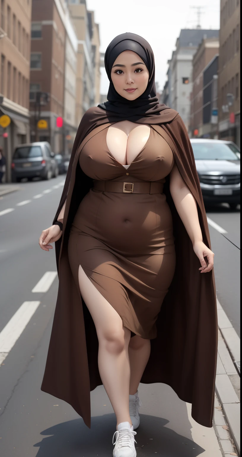 woman in brown dress and hijab walking down the street, wearing brown clothes and cape, hijab outfit, with a long brown cape, hijab fashion model, plus size, plus size woman, wearing brown robe, woman in brown robes, beautiful burqa's woman, thicc, brown outfit,, wearing a brown robe, brown , with cape, bbwchan, large cleavage, very large cleavage, massive cleavage , wearing a sneakers, 35 years old woman, asian women 