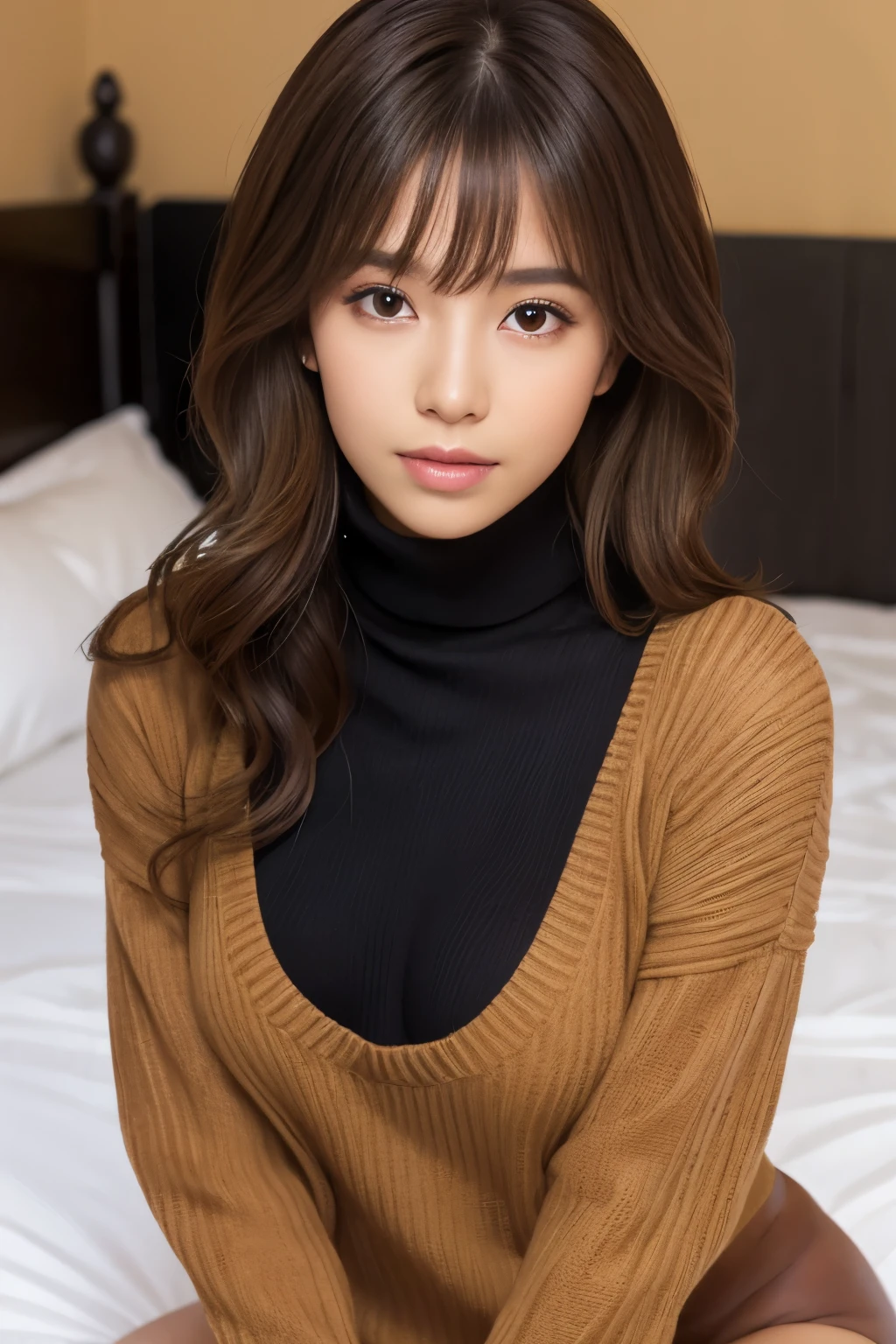 (detailed skin:1.2),(shiny skin:1.1),8k,best quality, masterpiece, ultra high res,(photorealistic:1.4), RAW photo,(soft saturation:1.3),(fair skin:1.2),(1woman,19yo),gyaru,natural makeupglamor, large breasts,brown hair and brown hair, medium hair, asymmetrical hair, wavy hair, asymmetrical bangs,put on boots,turtleneck sweater,bottomless,bed,