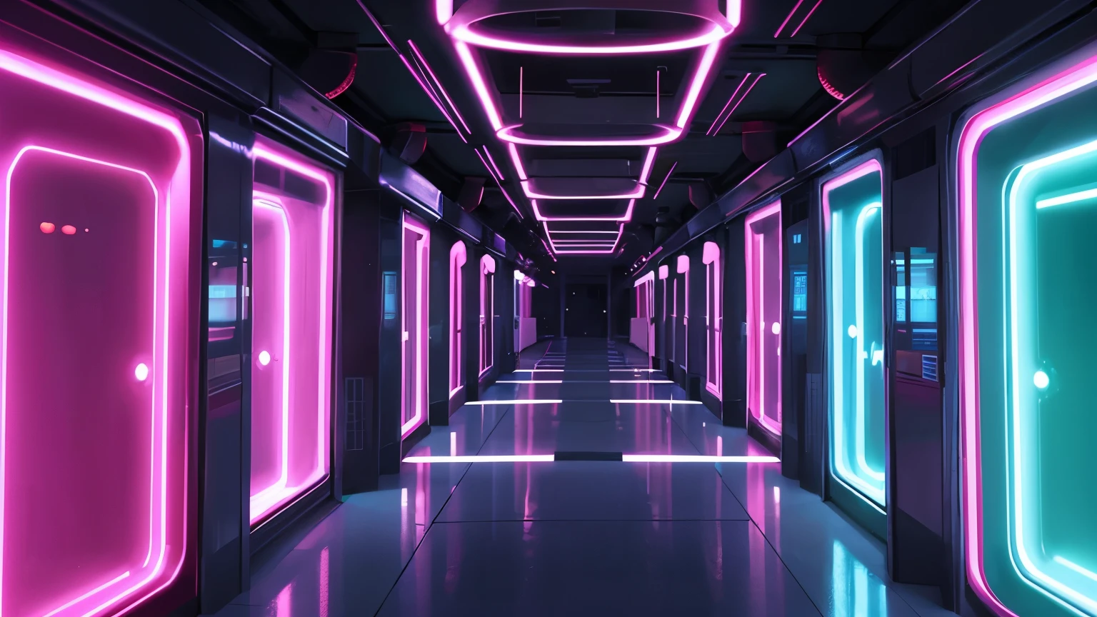 Futuristic Hallway Full Of Neon Lights leading to a asian gladiator arena