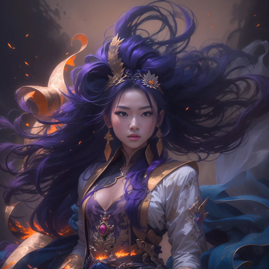 32k(masterpiece,HD,超HD,32k)Bright purple long flowing hair,autumn pond,Ziddink, a color, Asian (Silly girl), (silk scarf), fighting stance, looking at the ground, long white hair, Floating bright purple, Fire cloud gold headdress, Chinese long-sleeved gold silk garment, (Abstract ink splash:1.2), Black smoke background,Lotus protector(realistically:1.4),Bright purple hair,Smoke on the road,The background is very pure, high resolution, detail, RAW photos, Sharp Re, Nikon D850 film photo by Jefferies Lee 4 Kodak Portra 400 camera F1.6 guns, colorful, Ultra-realistic and vivid textures, dramatic lighting, Unreal Engine Art Station Trend, Sinest 800,Bright purple long flowing hair