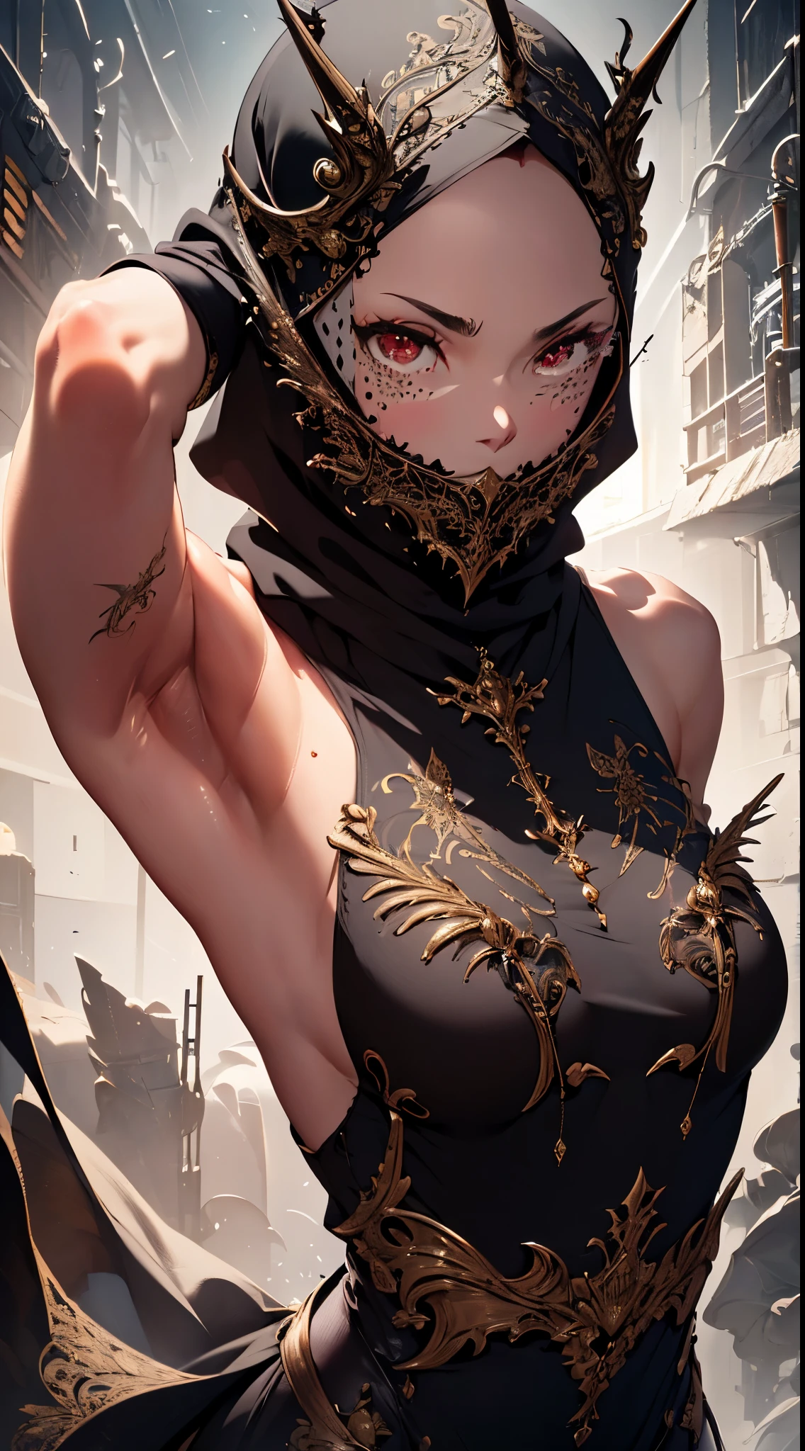 master piece, bokeh, best quality, photorealistic, ultra high resolution, 1 mature female, ultra detailed closeup portrait,

desert queen, (black hijab, black niqab, black dress:1.2), dragon bone armor, intricate silver embroidery,

beautiful red eyes, (ultra detailed armpit:2.2), sweaty armpit, glossy skin, (huge heavy breast, gorgeous:1.2),

desert, battlefield, strong back lighting, volumetric lighting, soft lighting