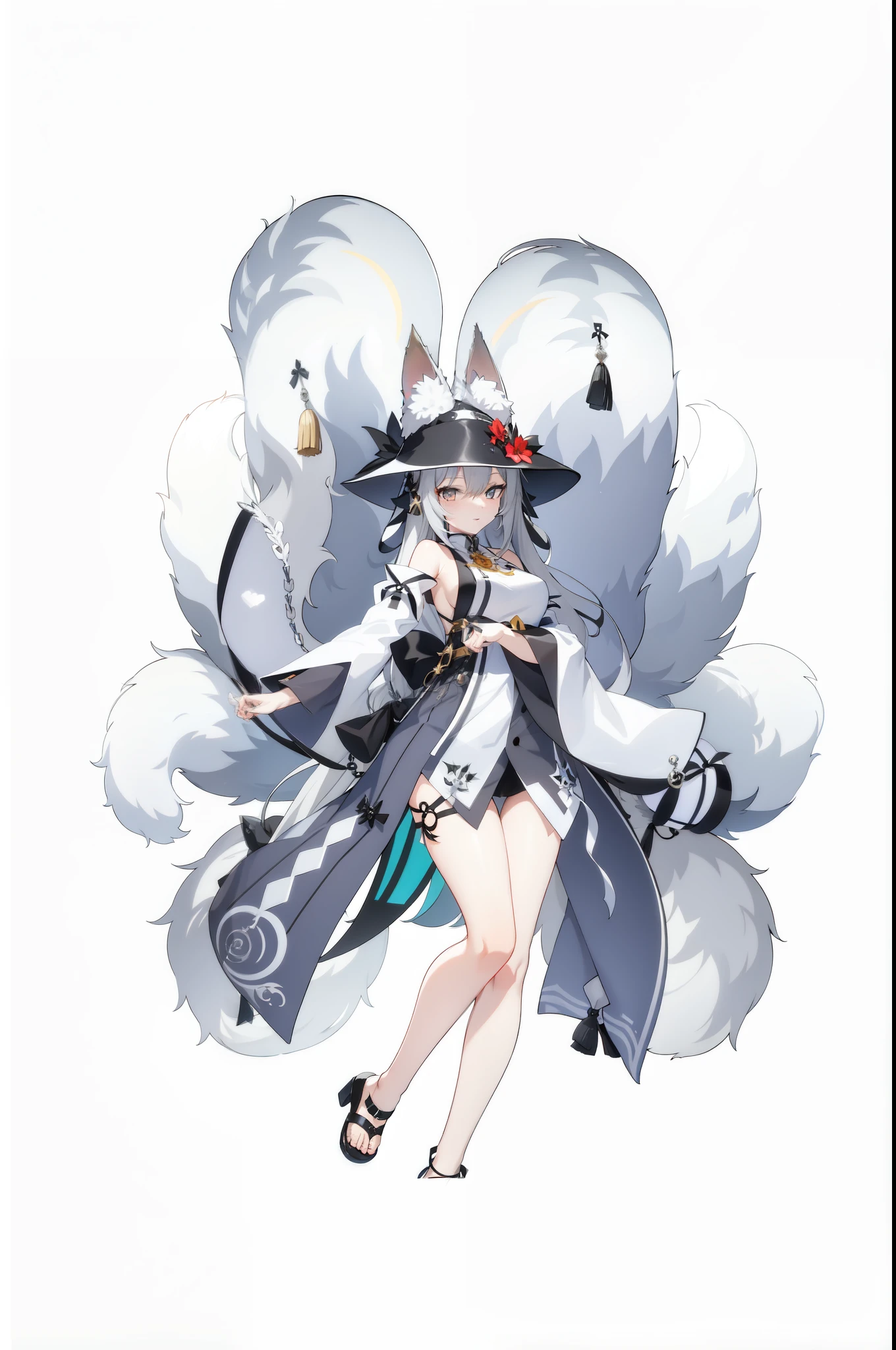white nine tailed fox tail, fox ears, black hat, 연한 보라색 Maiden복, Gray-haired, Grey eyes, long hair, anime girl, Maiden, Eastern, Azur Lane style