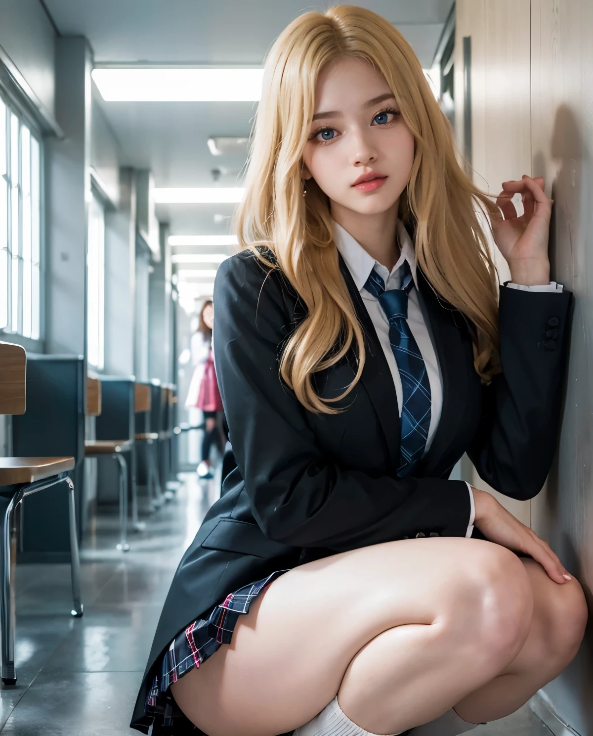 1girl, (Blue Eyes), smiling, (Sana Minatozaki), wide hips, Big , big ass, (Best Quality, 8k, Masterpiece: 1.3), Clear Focus: 1.2, Perfect Body Beauty: 1.4, Highly detailed face and skin texture, detailed eyes, double eyelids, (blonde long hair), (japanese school uniform), (Blazer uniform brown), (school shirt), (plaid skirt), (tie black), (thigh high cover stockings), (squatting with legs open :1.3), (showing black thong :1.2), in the school hallways