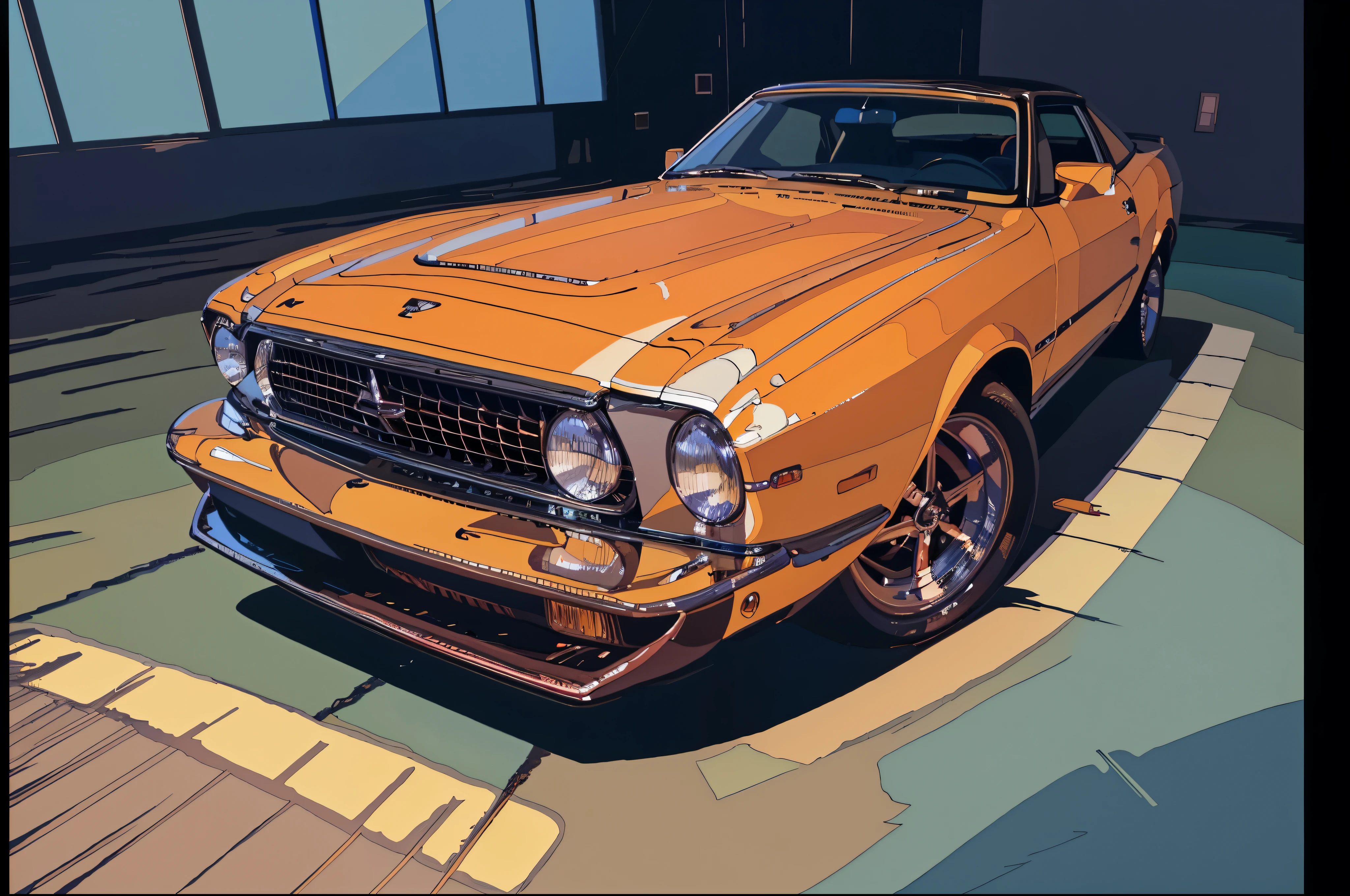 Masterpiece, best quality: 1), official art, extremely detailed CG unity 8k wallpaper, illustration, lighting, car (nisan GTR), bright, motor vehicle, ground vehicle, sports car, vehicle focus, wet, interior, night, flat light, garage, auto repair shop, 1990s \(style\)