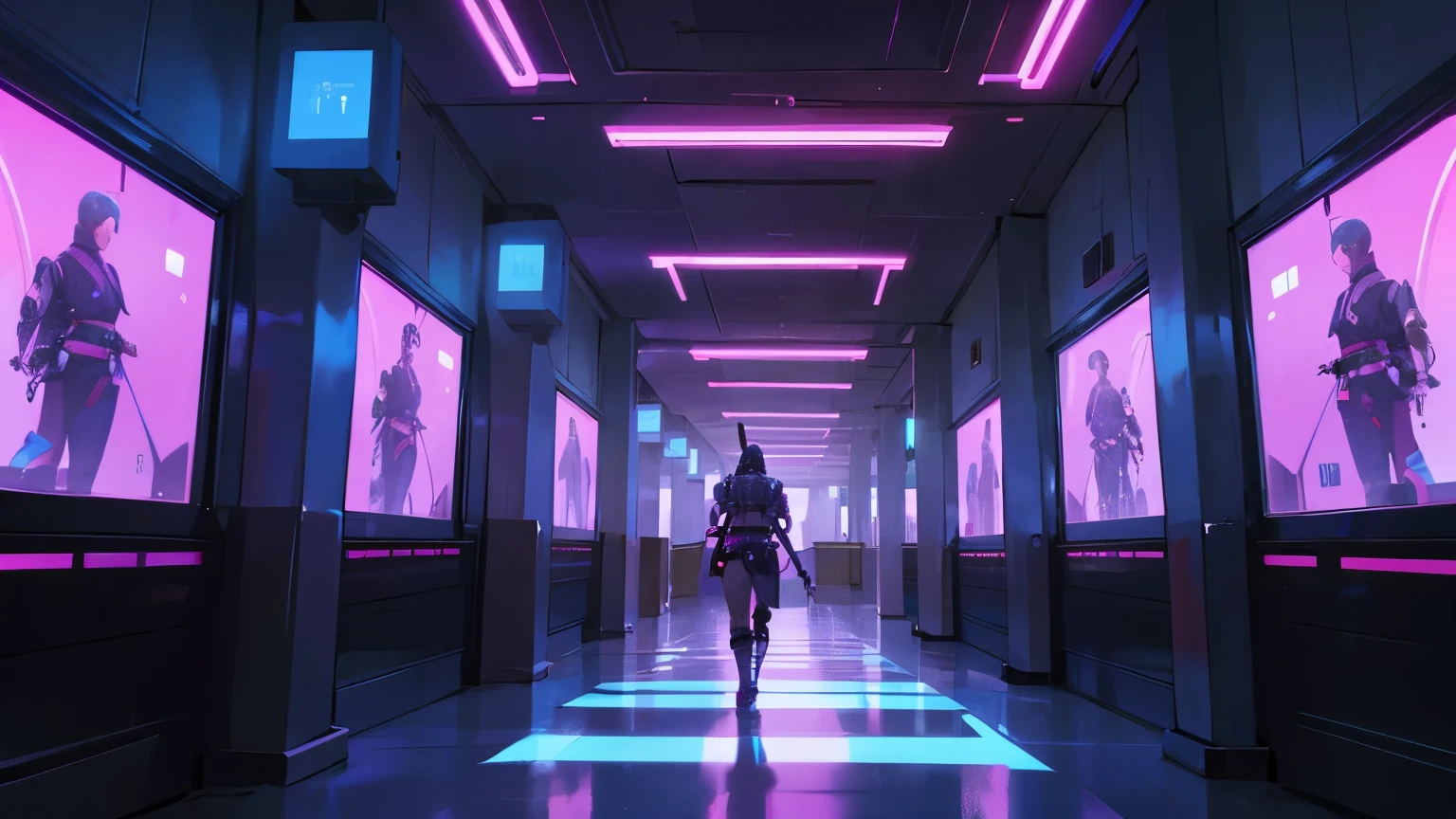 Futuristic Hallway Full Of Neon Lights leading to a asian gladiator arena. samurai walking in middle