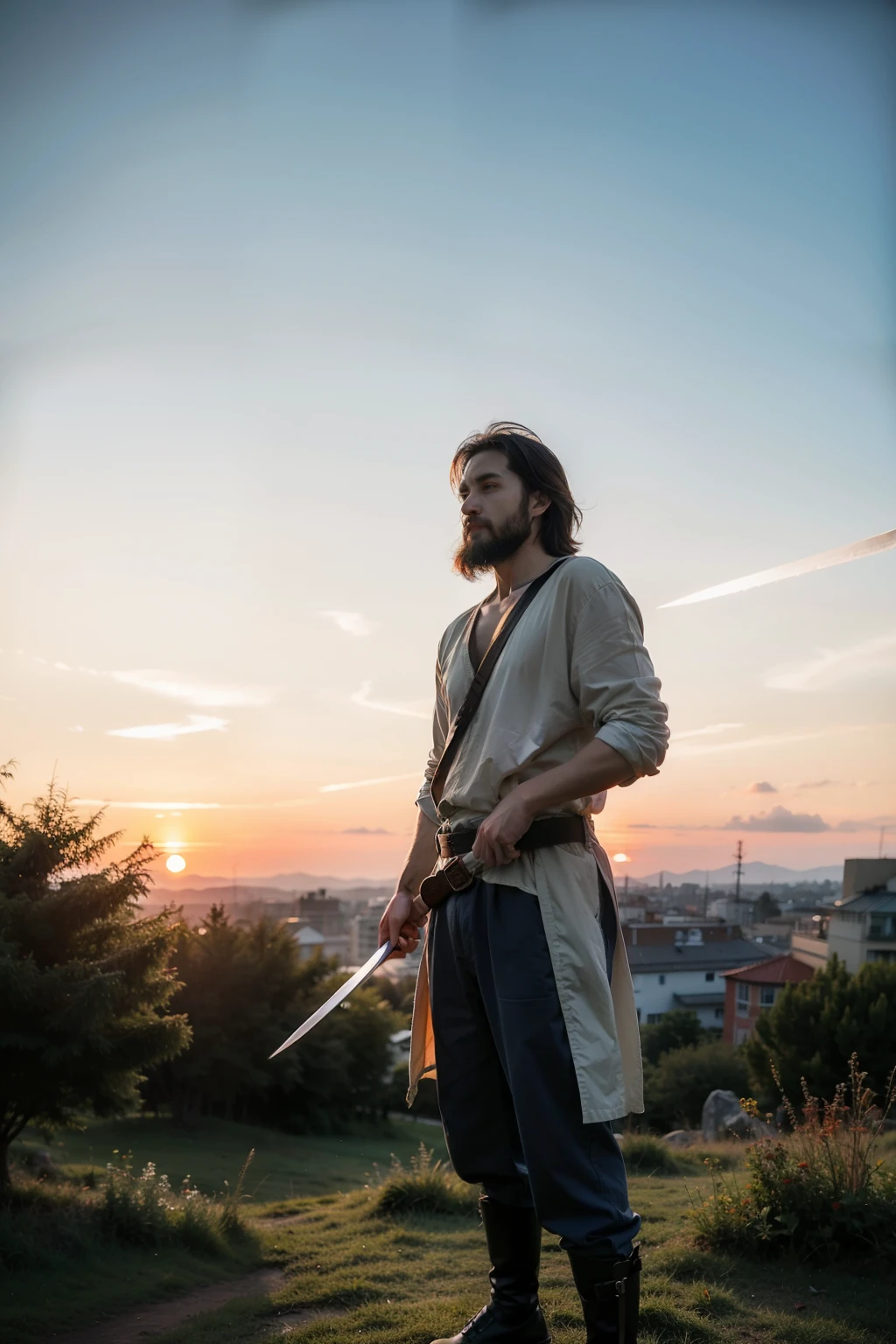 Wandering swordsman,have a beard,sunset with knife