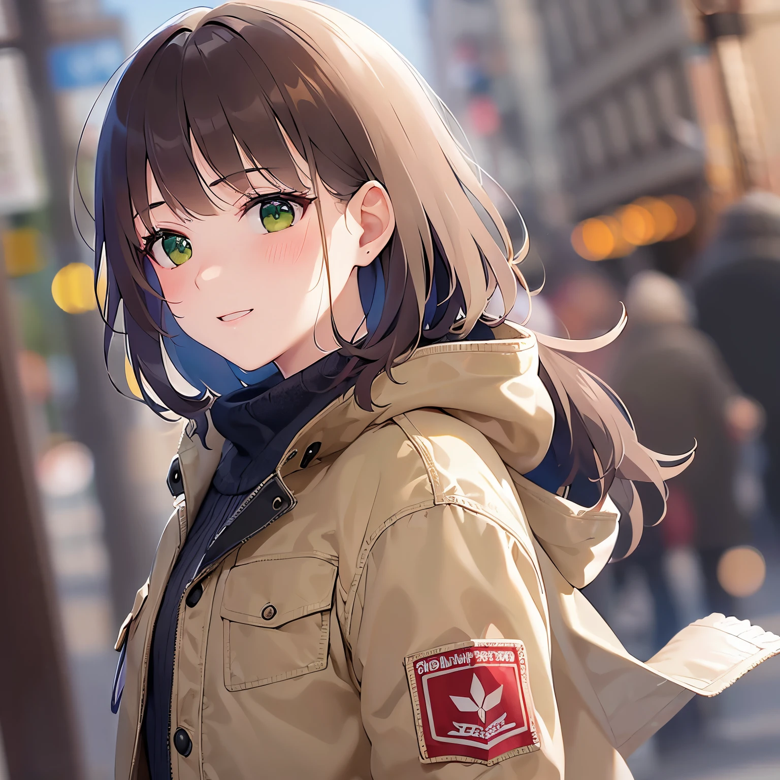 poiting, side angle, (looking away:1.5), pointing、cowboy shot,, Realistic, real person, RAW photo, photorealistic, portrait photography, shiny skin, japanese idol、(前髪がある20歳の女性), (green eyes:1.5) and (brown hair) and (bob cut) and (wavy hair), 、(beige Down Jacket:1.5)、黒いタートルネックセーター、smile, (blush:1.3), 一人きり、背景は百貨店