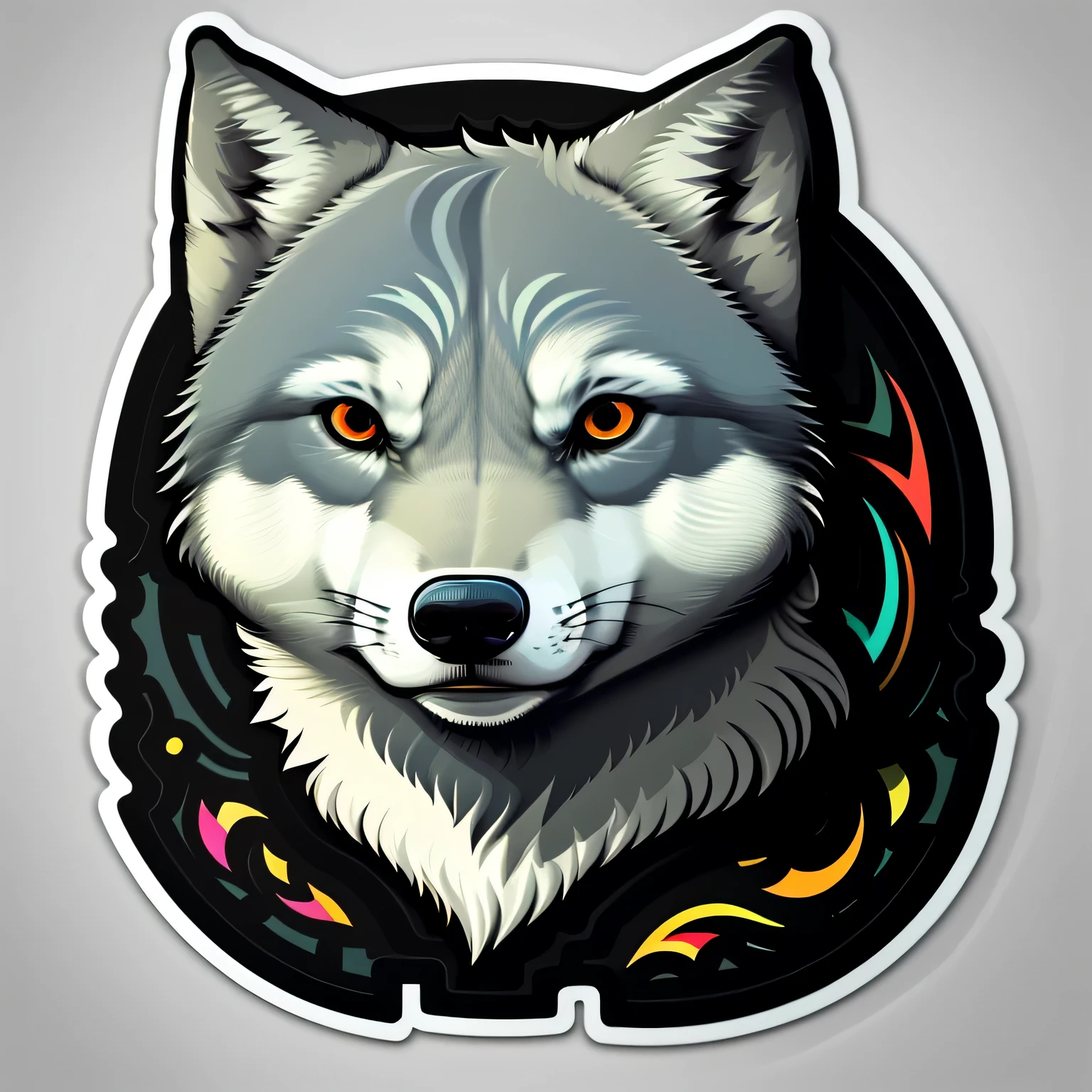wolf, Sticker, Adorable, Bright Colors, kinetic art style, Contour, Vector, White Background, Detailed