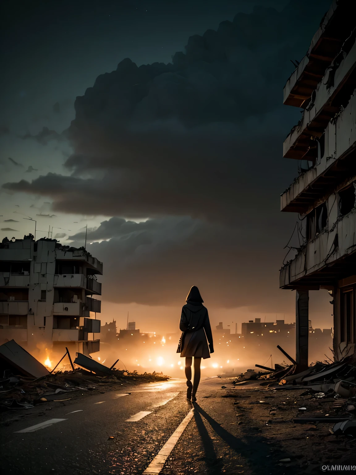 night post-apocalyptic landscape, Cidade dos Fantasmas , a woman with torn clothes on a post-apocalyptic journey in a dark environment walking through the deserted streets in the center of a ruined city, There are tall buildings in ruins and collapsed, sem luzes, entulhos nas tuas, carros em chamas, ambiente cinzento, neblina cinzenta, gray dark sky, noite, as detailed as possible, as realistic as possible 