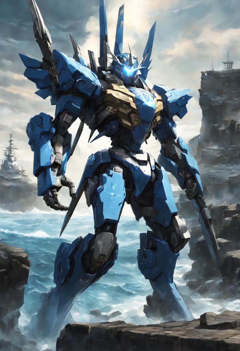 High resolution, Ocean, Ocean中, spear weapon, shine, cutting edge robot, blue, 青くshineライン, shine eyes, cutting edge mechanism, SF, genuine, blue main mech, chest core,like poseidon, realistic