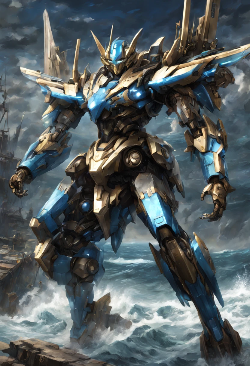 High resolution, Ocean, Ocean中, spear weapon, shine, cutting edge robot, blue, 青くshineライン, shine eyes, cutting edge mechanism, SF, genuine, blue main mech, chest core,like poseidon, realistic