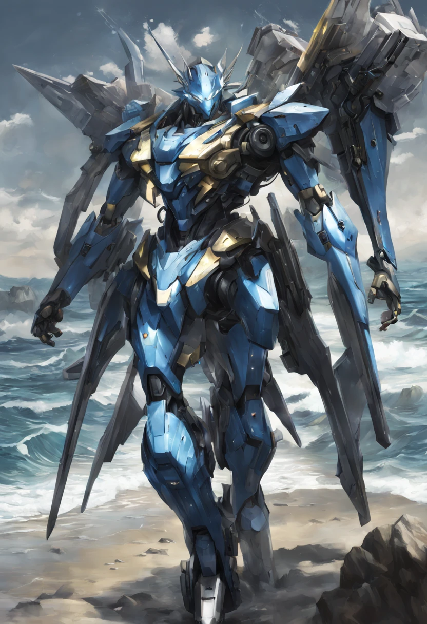 High resolution, Ocean, Ocean中, spear weapon, shine, cutting edge robot, blue, 青くshineライン, shine eyes, cutting edge mechanism, SF, genuine, blue main mech, chest core,like poseidon, realistic